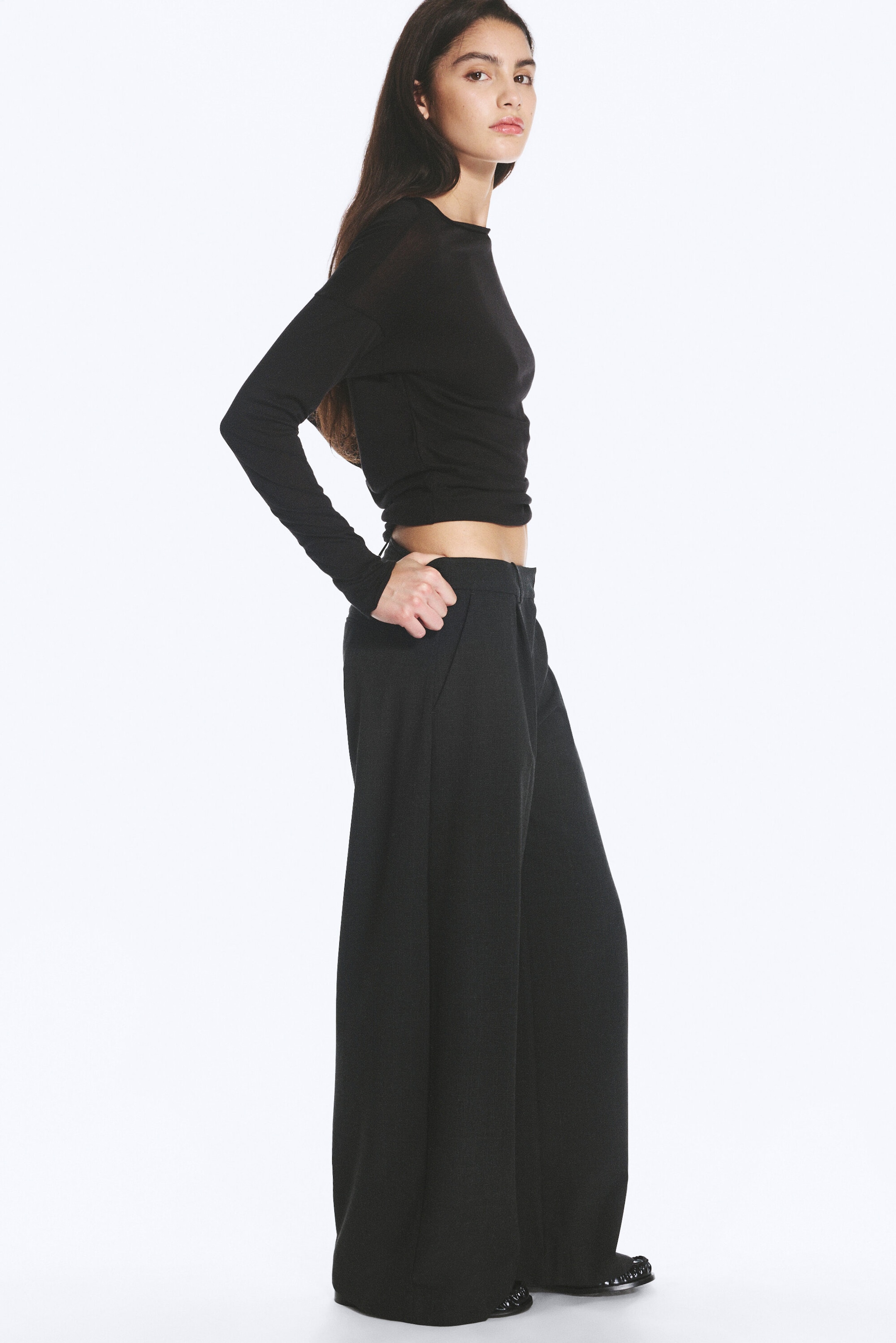 Checked Dark Grey - Low Waist Wide Suiting Trousers - 2