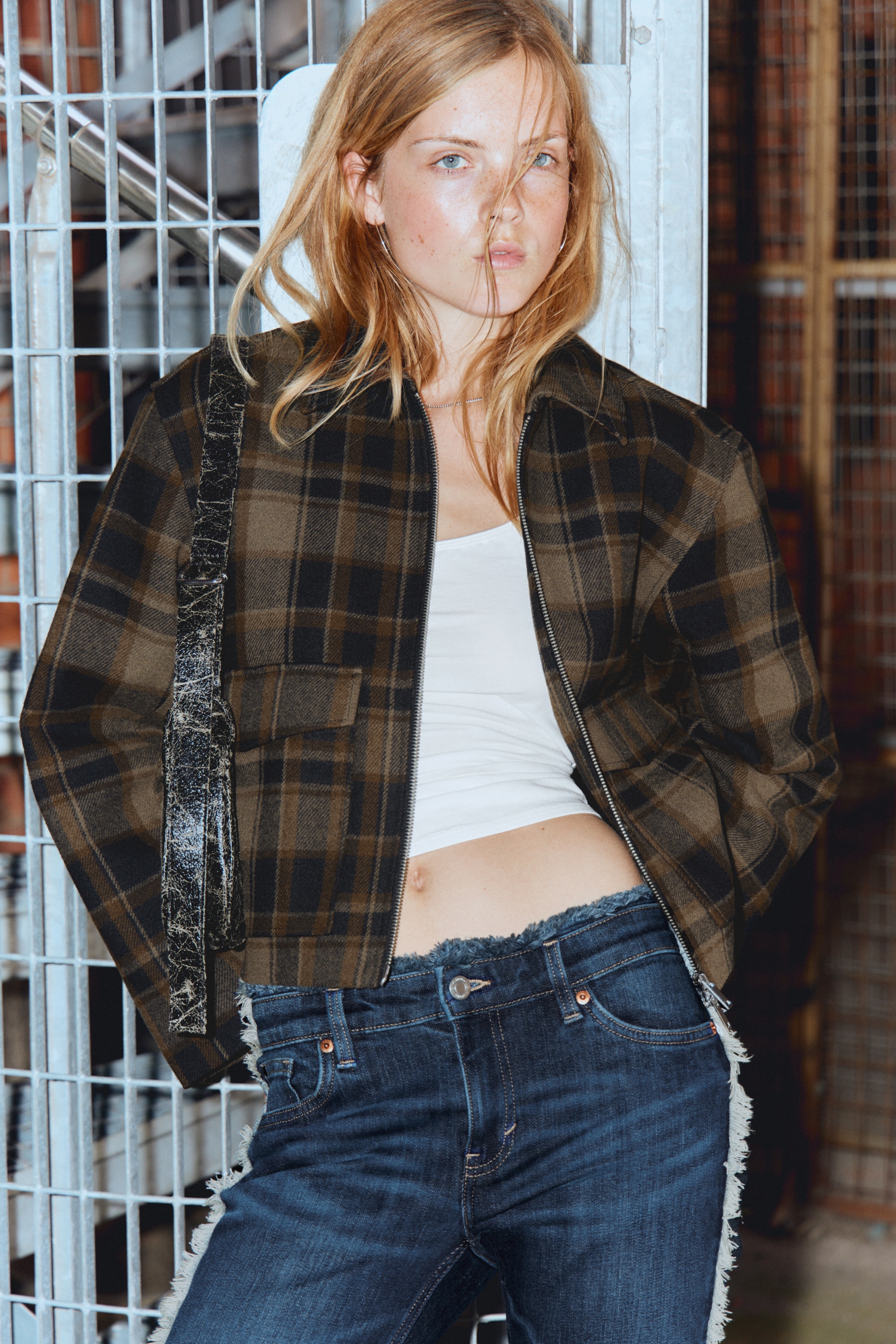 Giacca crop con zip - Scacchi marroni/Grigio scuro mélange/Soft Brown