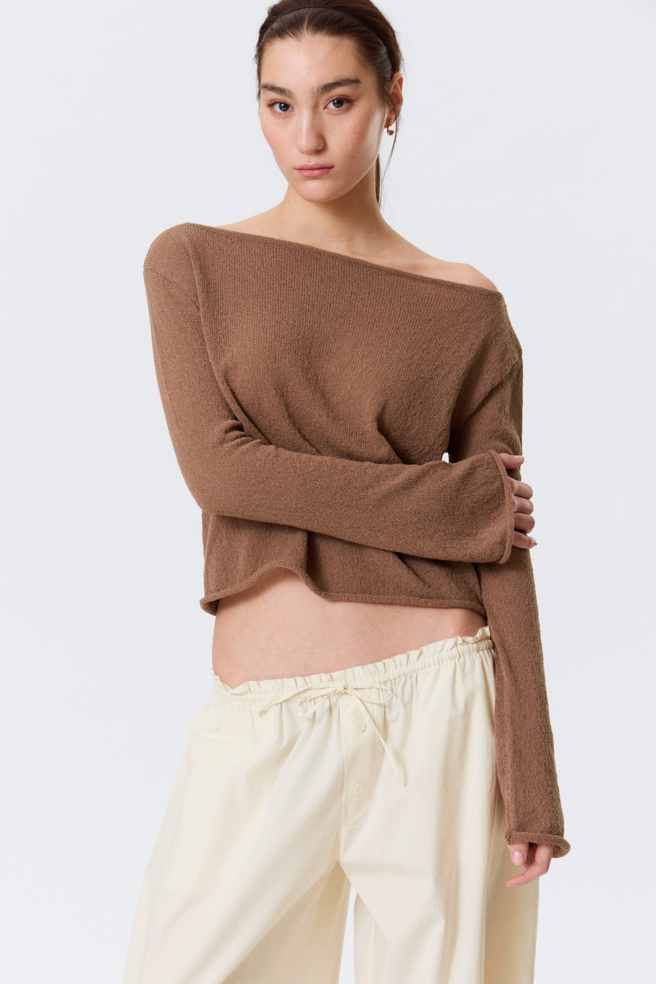 Brown - Relaxed Knitted Boat-Neck Sweater - 1