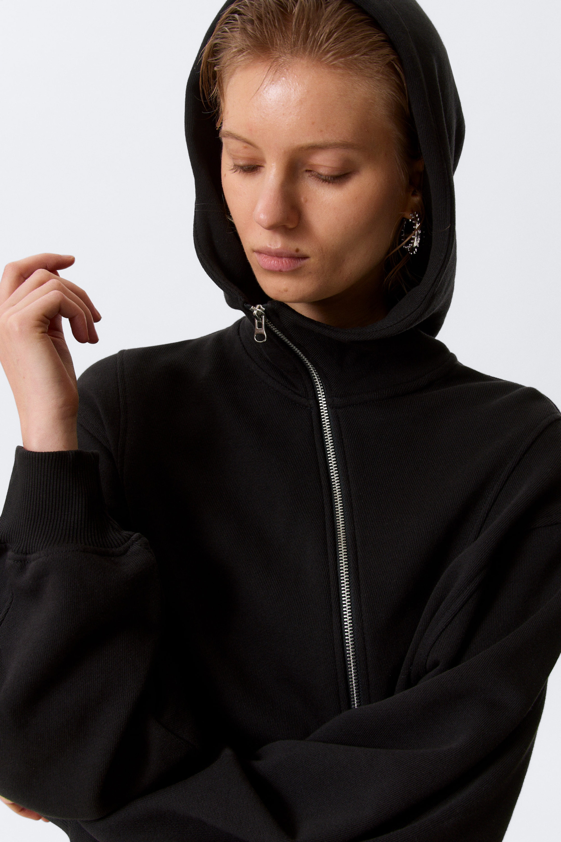 Black - Cropped Asymmetric Zip Hoodie - 2