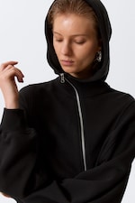 Black - Cropped Asymmetric Zip Hoodie - 2