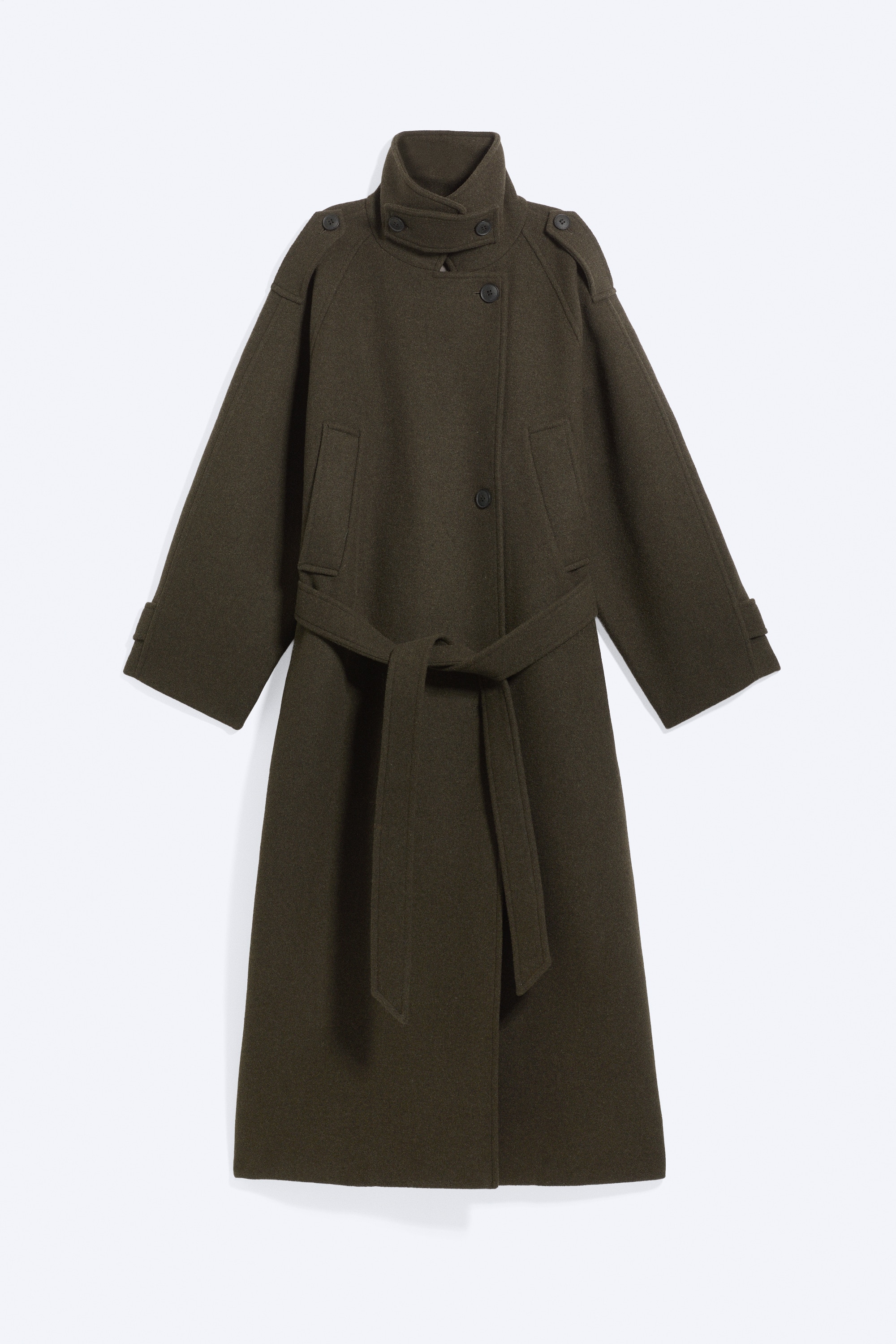 Manteau ceinturé en laine mélangée - Vert kaki foncé/Gris foncé chiné/Noir - Chevrons