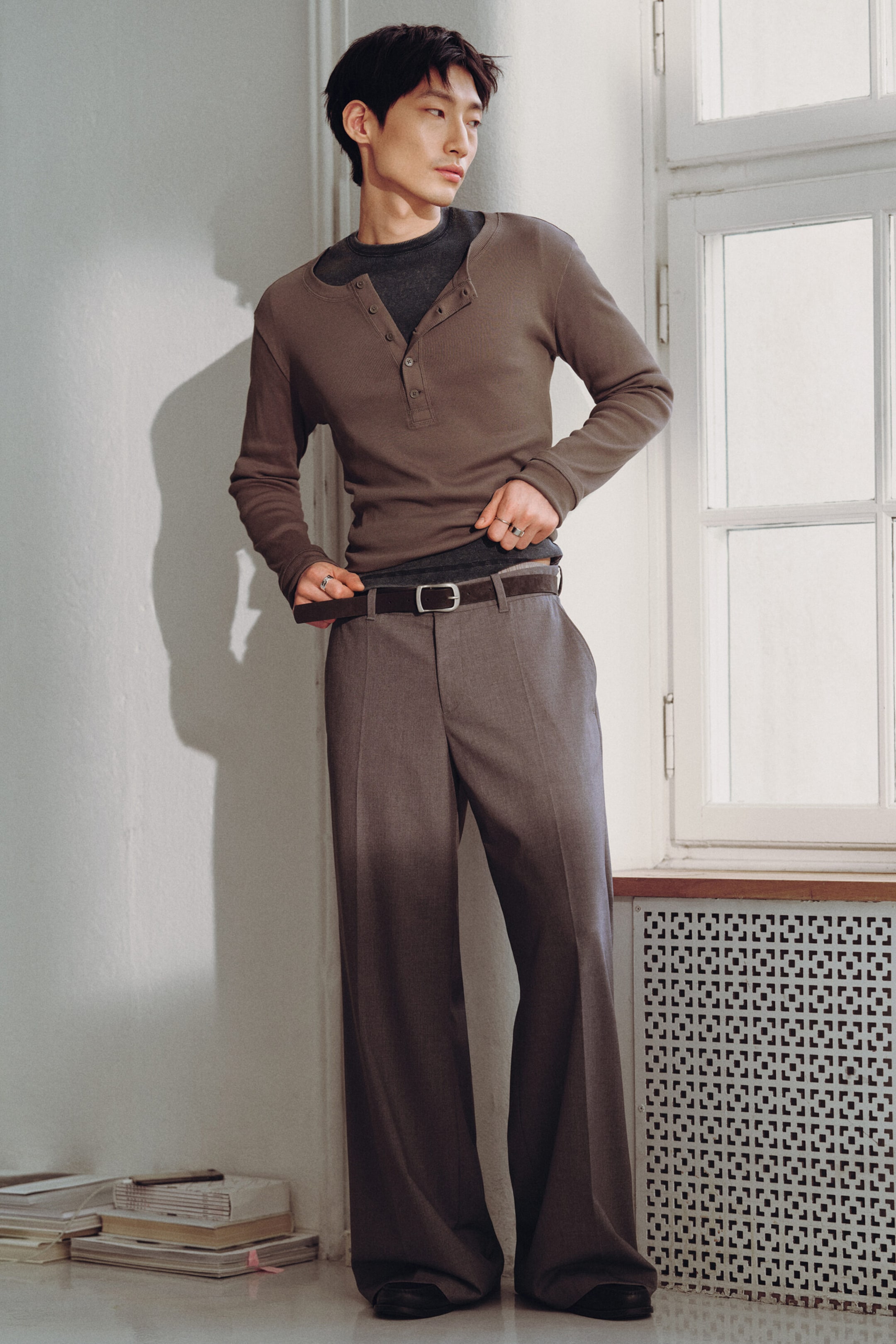 Grijs gemêleerd - Moe Relaxed Low Rise Bootcut Leg Suiting Trousers - 1