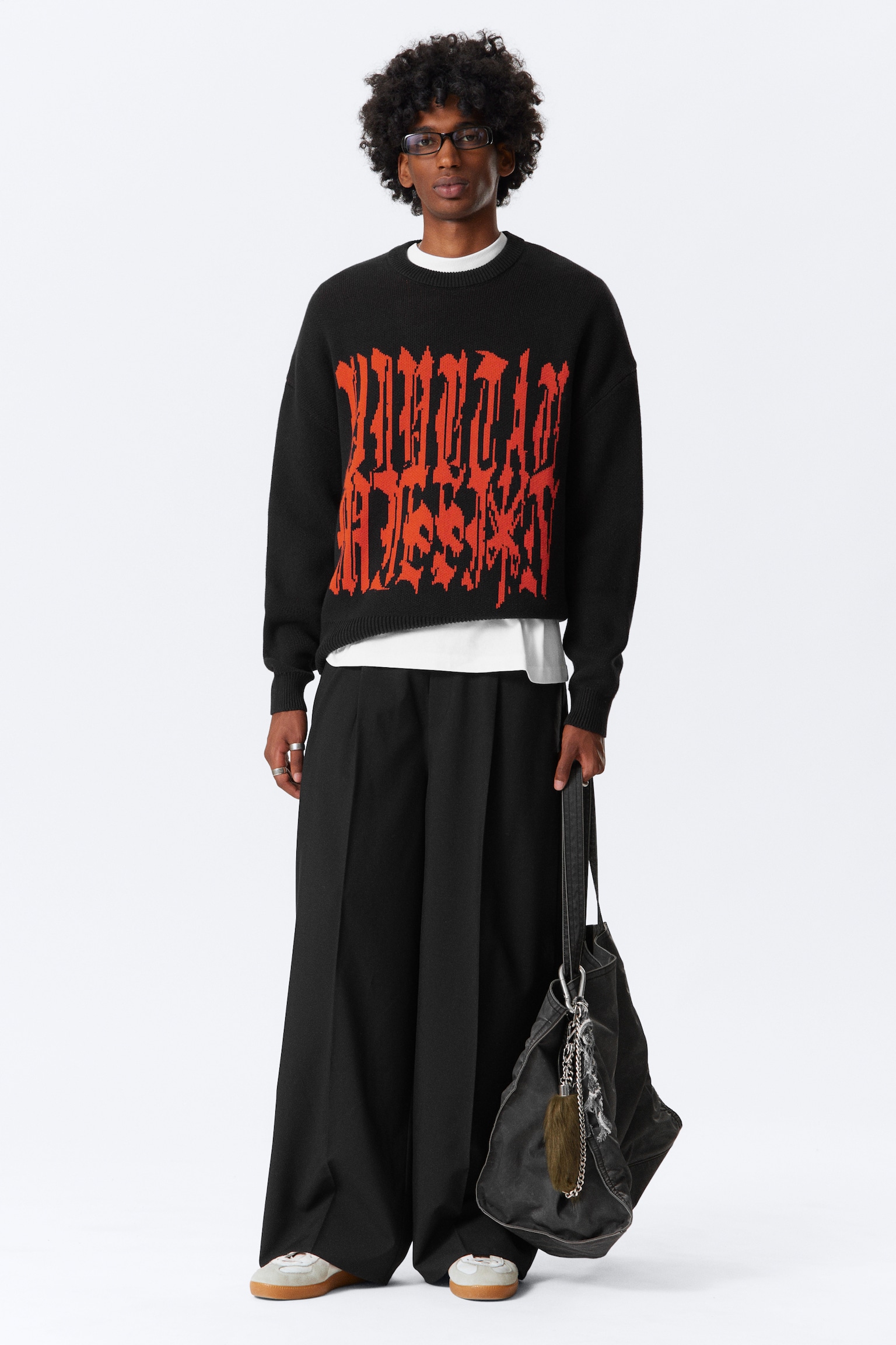 Oversized Graphic Cotton Knit Sweater - Čierna
