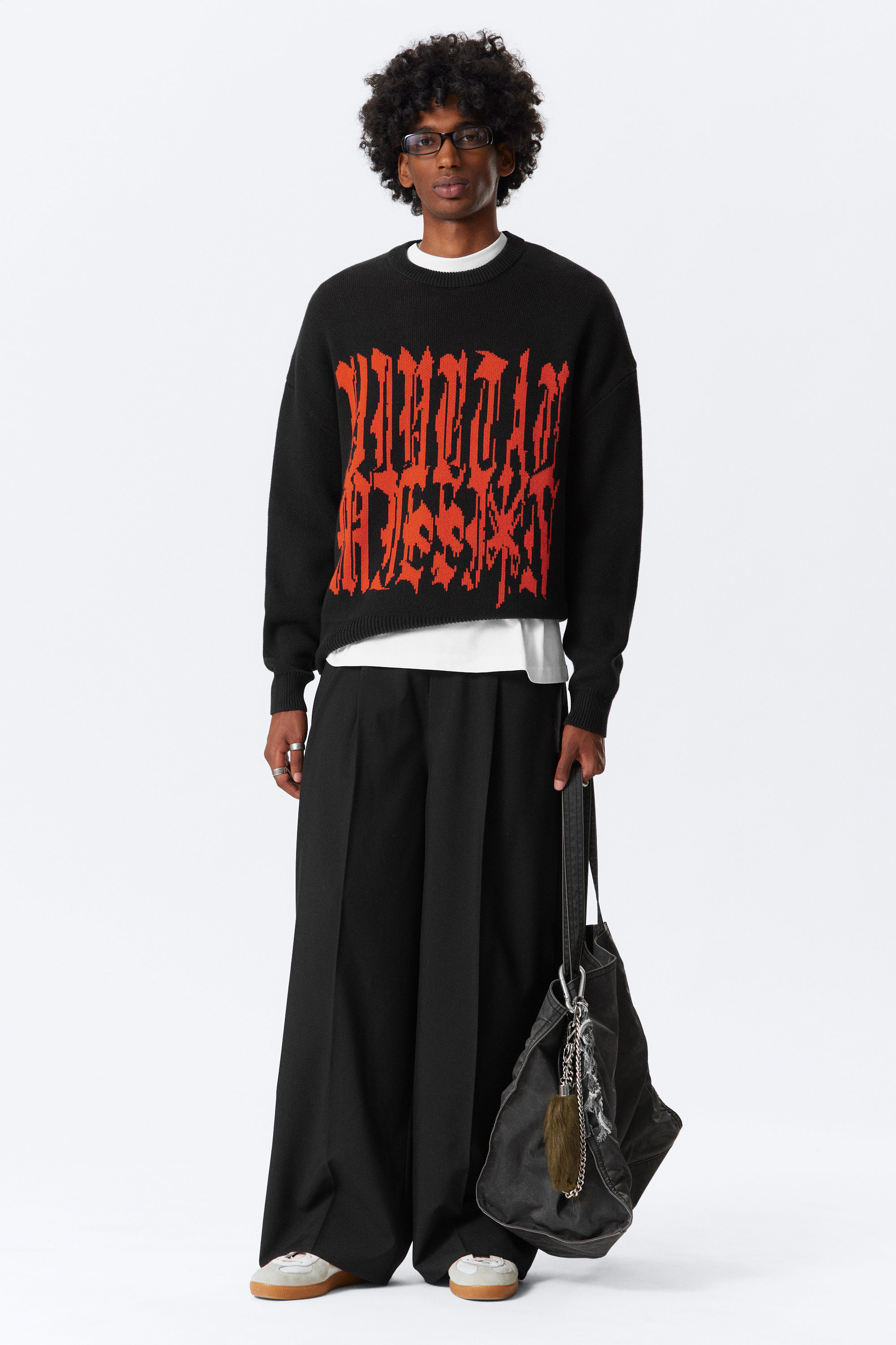 Zwart - Oversized gebreide katoenen trui met grafische print - 1