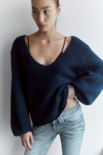 Dark Blue - Oversized Knitted V-Neck Sweater - 1