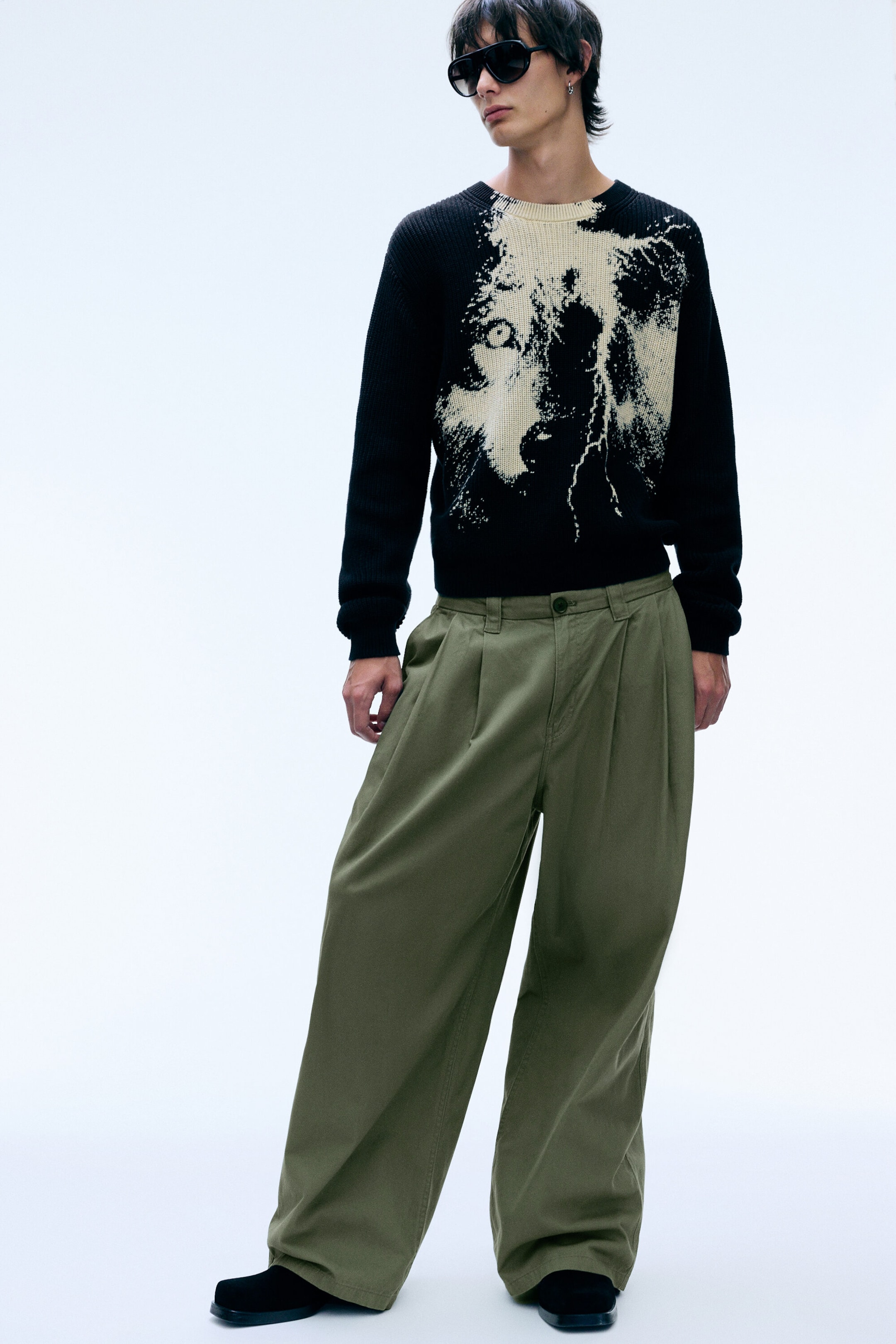 Dusty Khaki Green - Otis Baggy Pleated Twill Chinos - 1