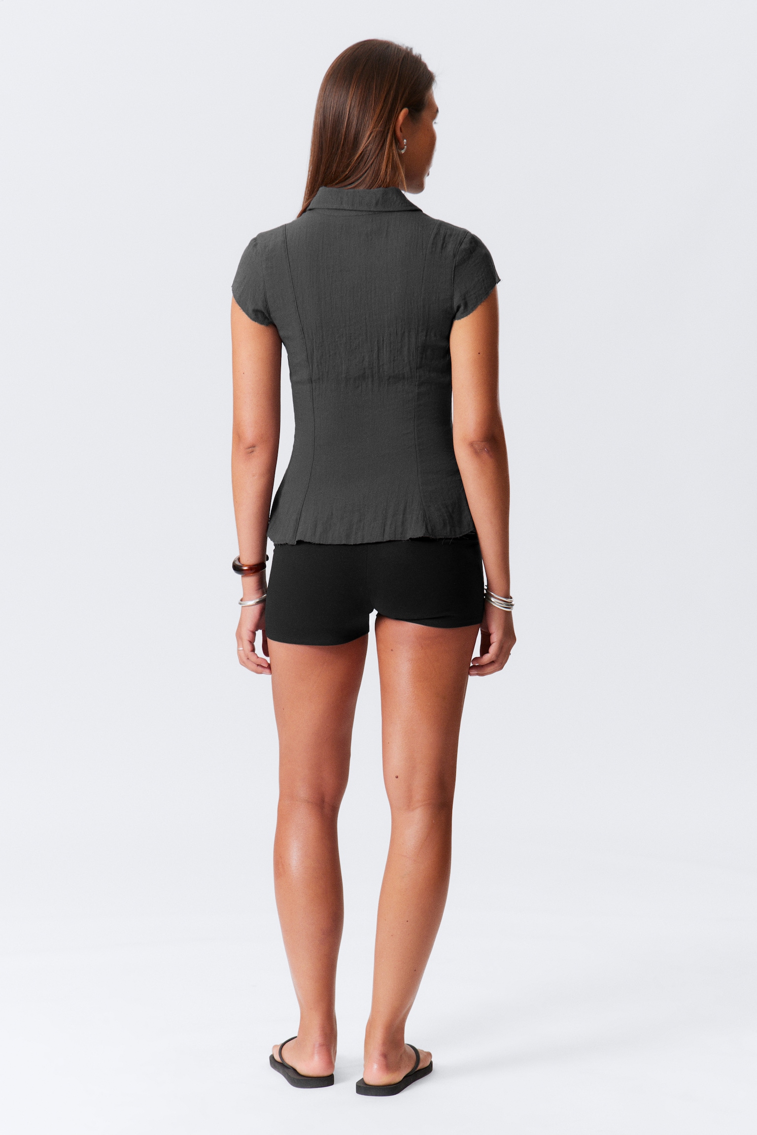 Slim Fit Short-Sleeved Crepe Shirt - Dark Grey/White/Dark Brown - 5
