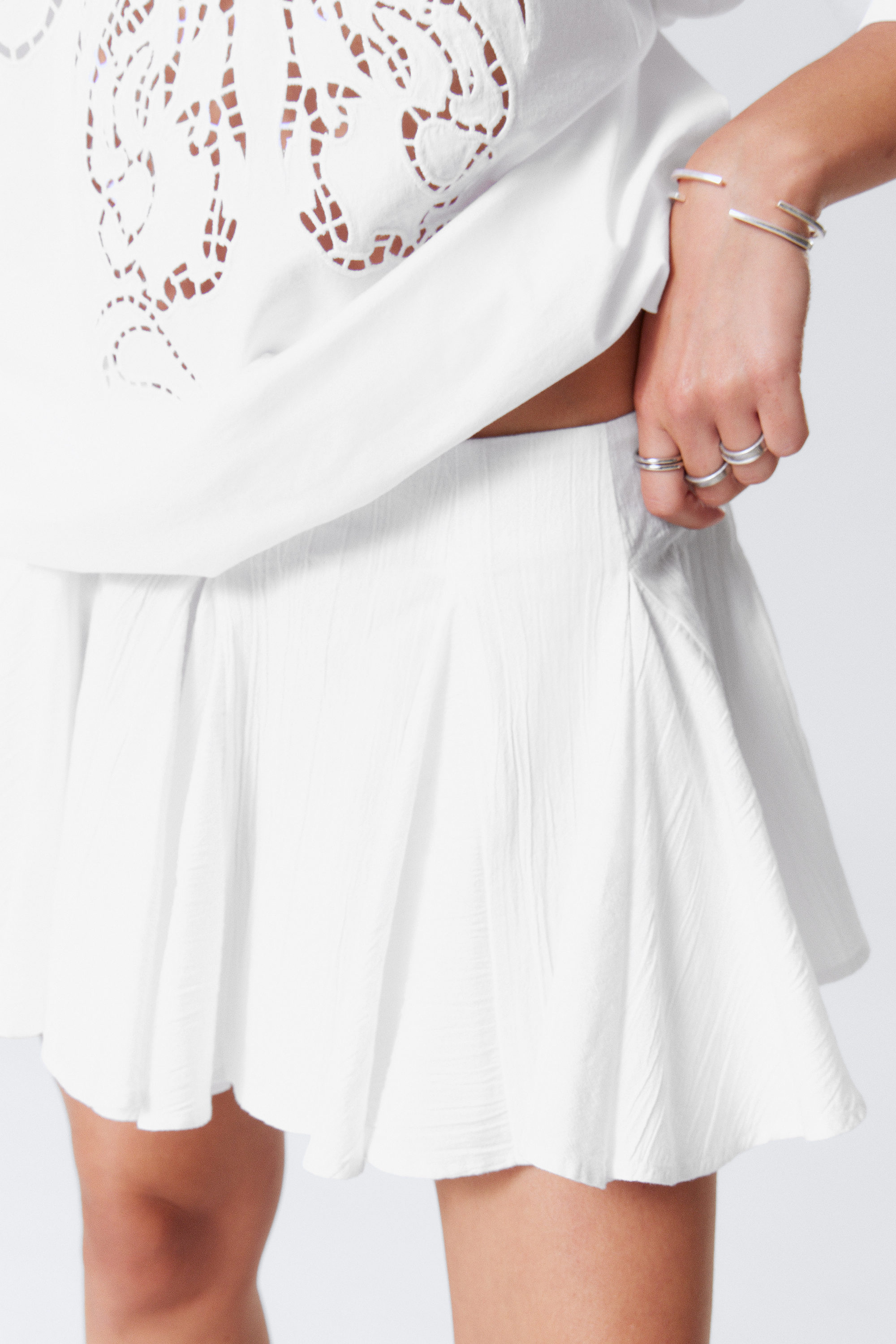 #FFFFFF - Pleated Cotton Mini Skirt - 2