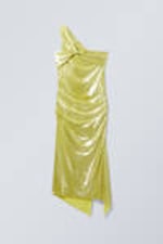 Shiny Yellow - Overlap Draped Asymmetric Midi Dress - 4