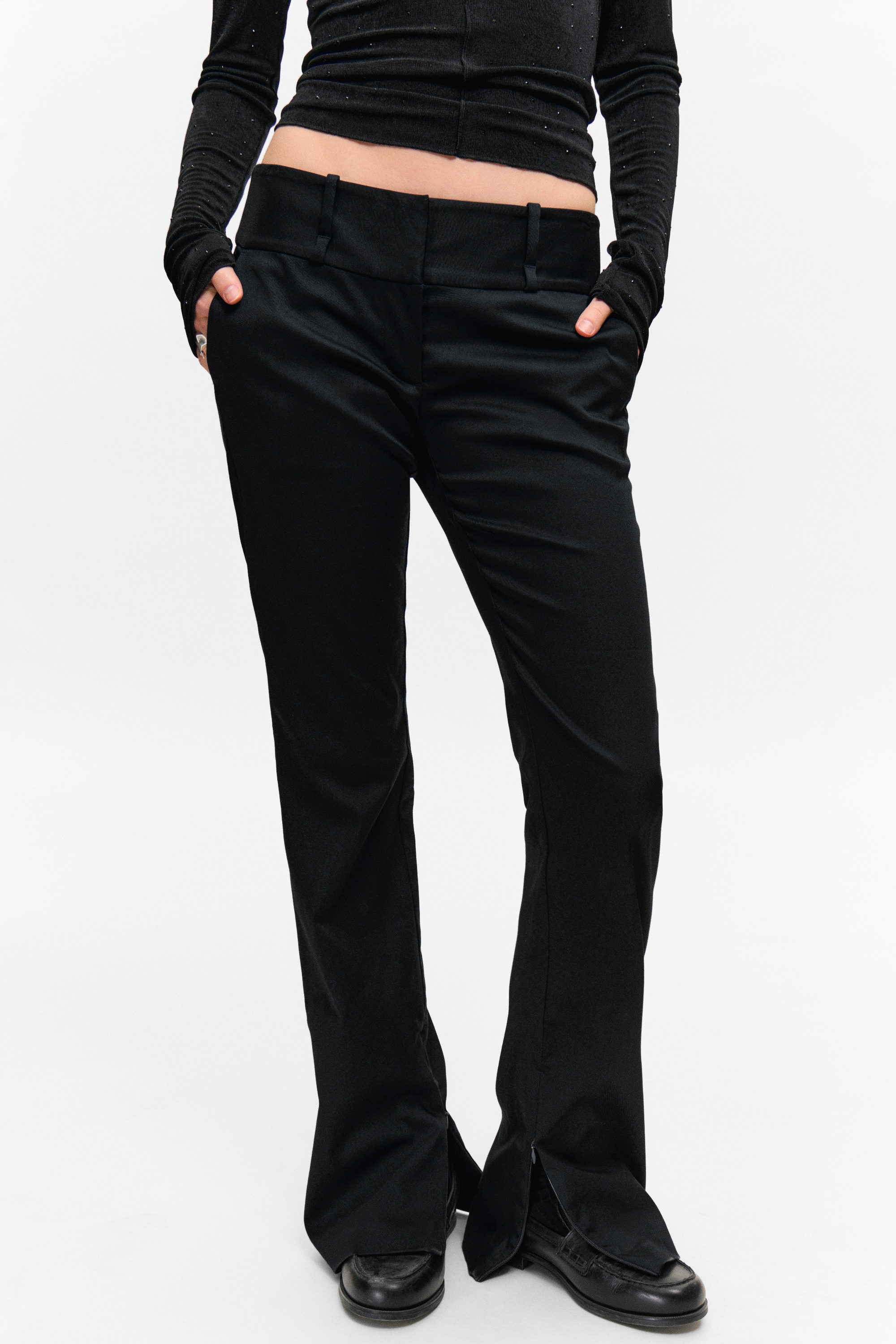 Black - Low Rise Zip-Hem Satin Trousers - 2