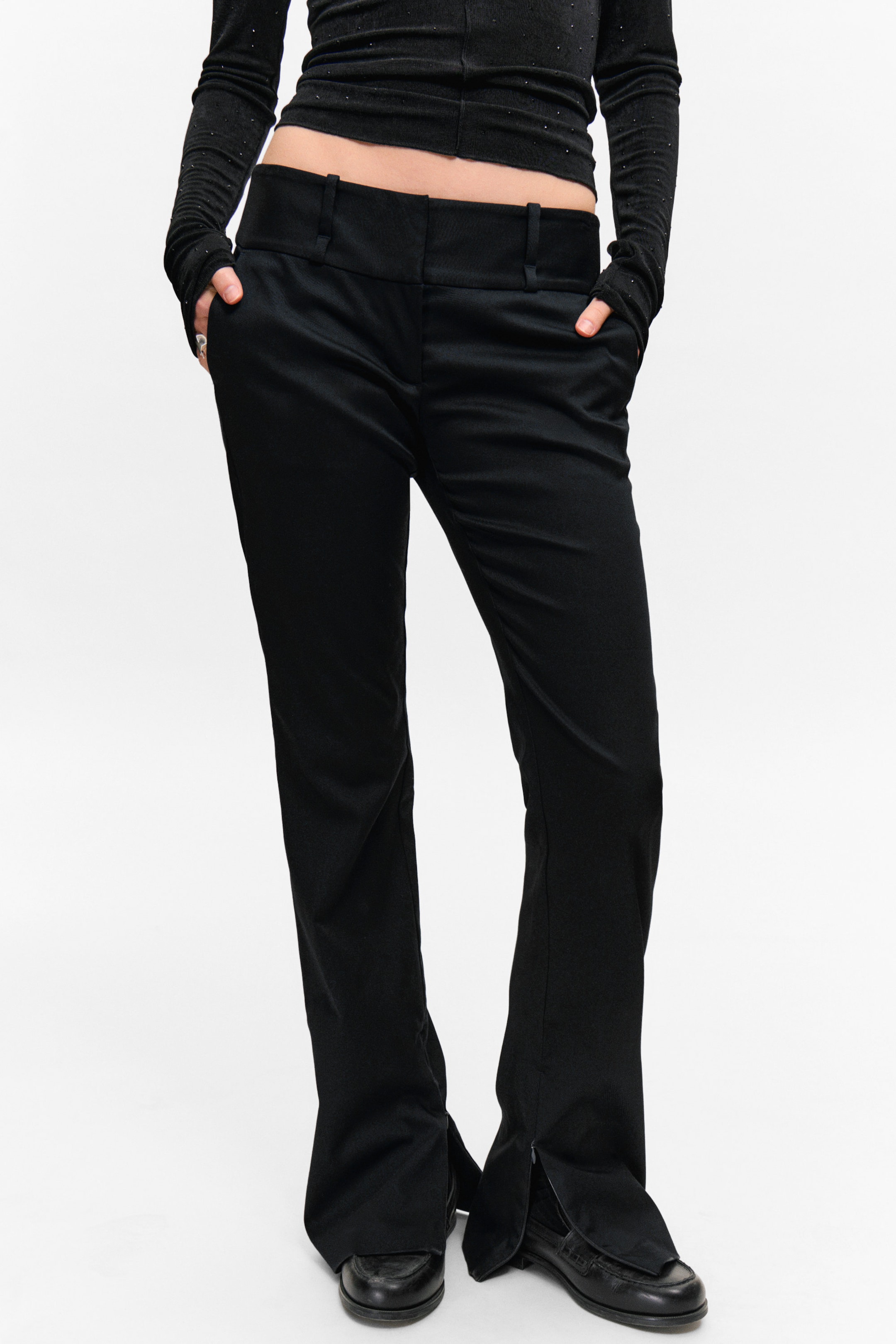 Black - Low Rise Zip-Hem Satin Trousers - 2