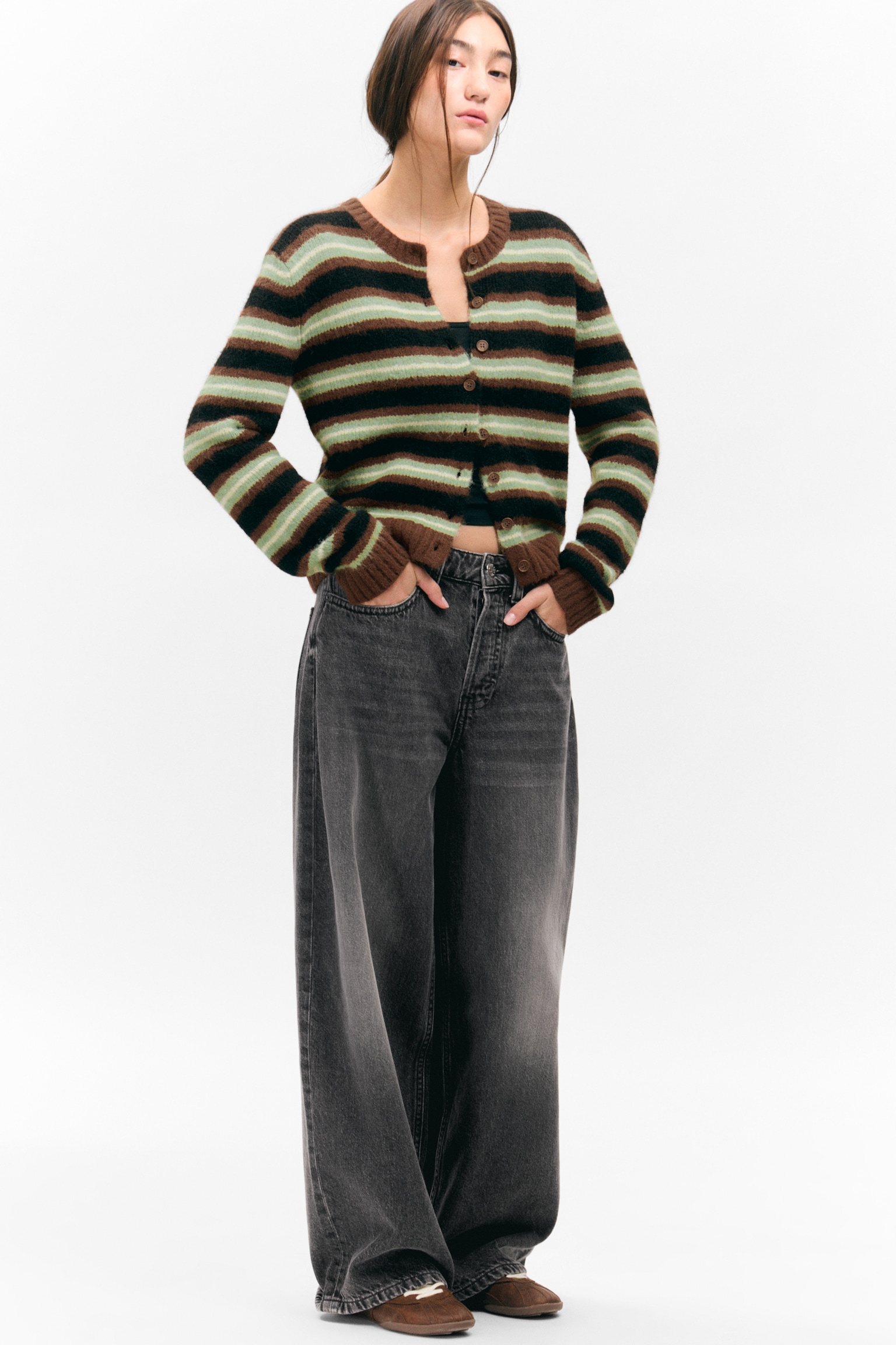 Brushed Knit Buttoned Cardigan - Brown/Black/Green Stripes/Dark Red & Pink Stripes - 4