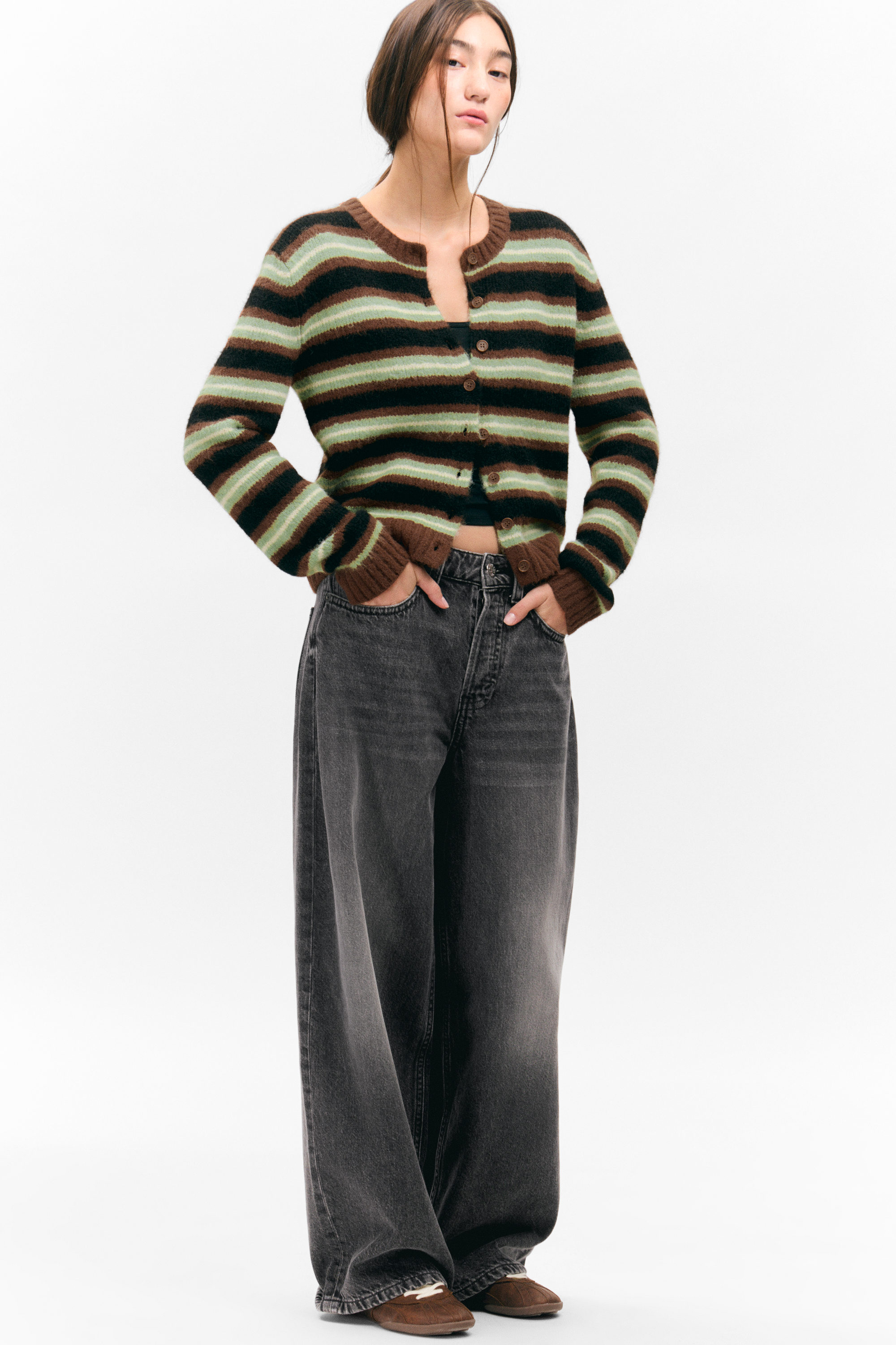 Brown/Black/Green Stripes - Brushed Knit Buttoned Cardigan - 2