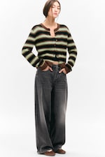 Brown/Black/Green Stripes - Brushed Knit Buttoned Cardigan - 1