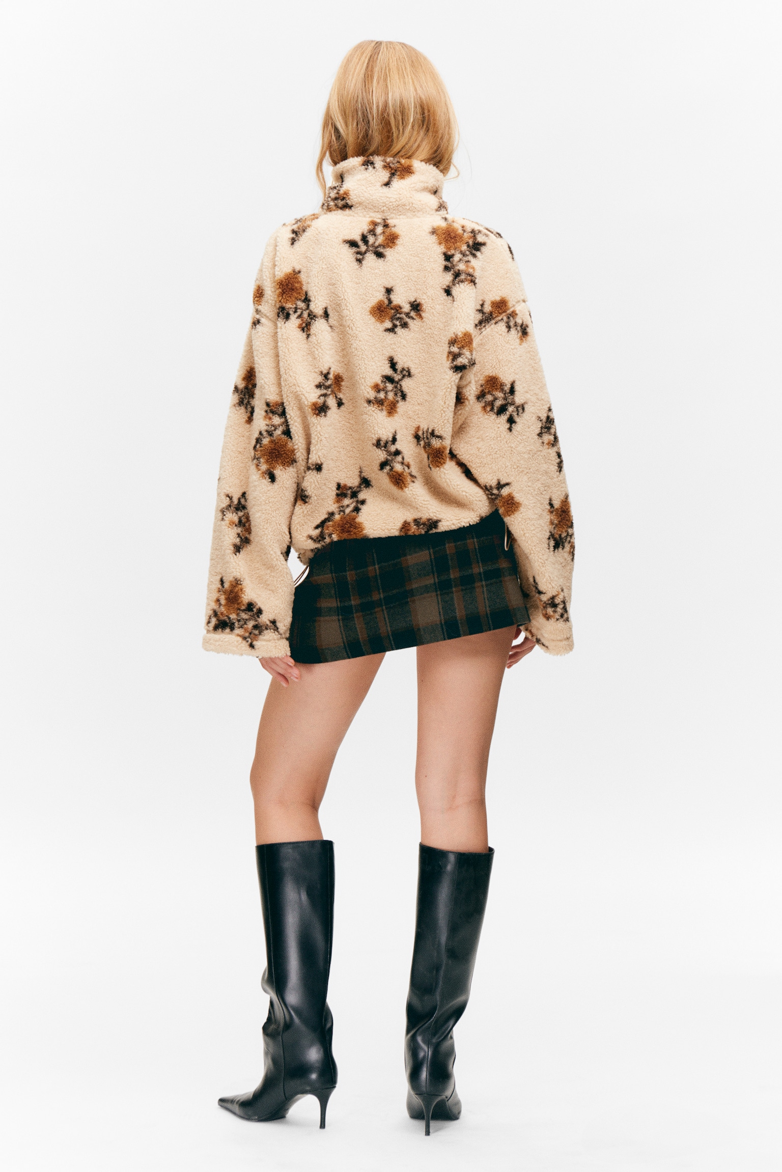 Pile Fleece Zip Jacket - Beige - Brown Floral Print/Dotted Black - 5