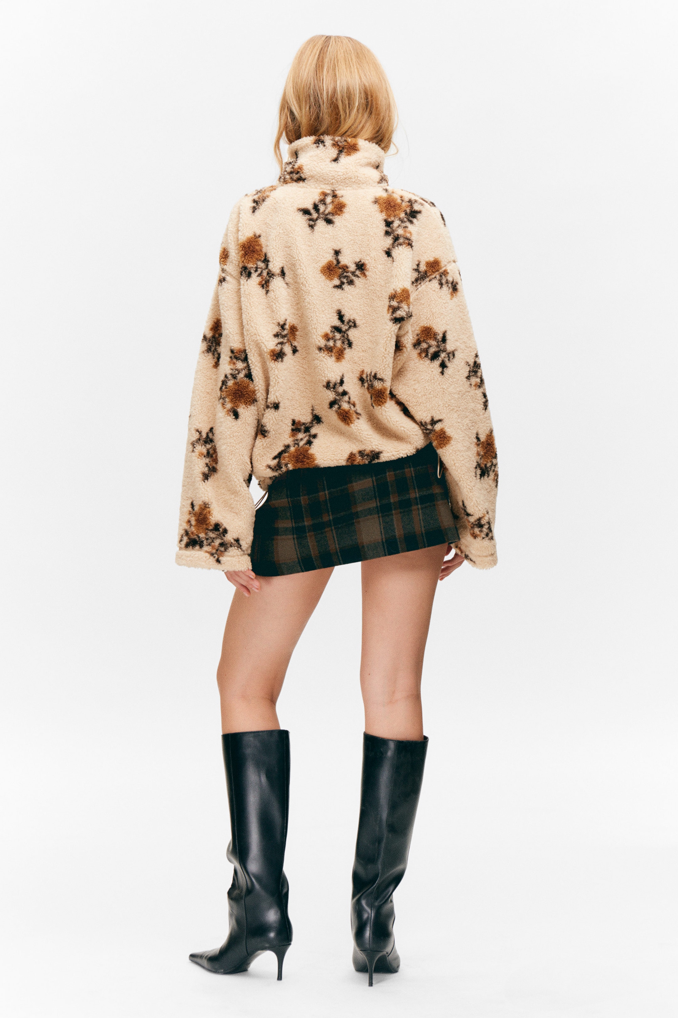 Beige - Brauner Blumenprint - Fleecejacke mit Reißverschluss - 2