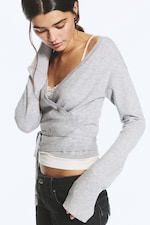 Gråmelert - Omslagsstrikket cardigan med V-hals - 3