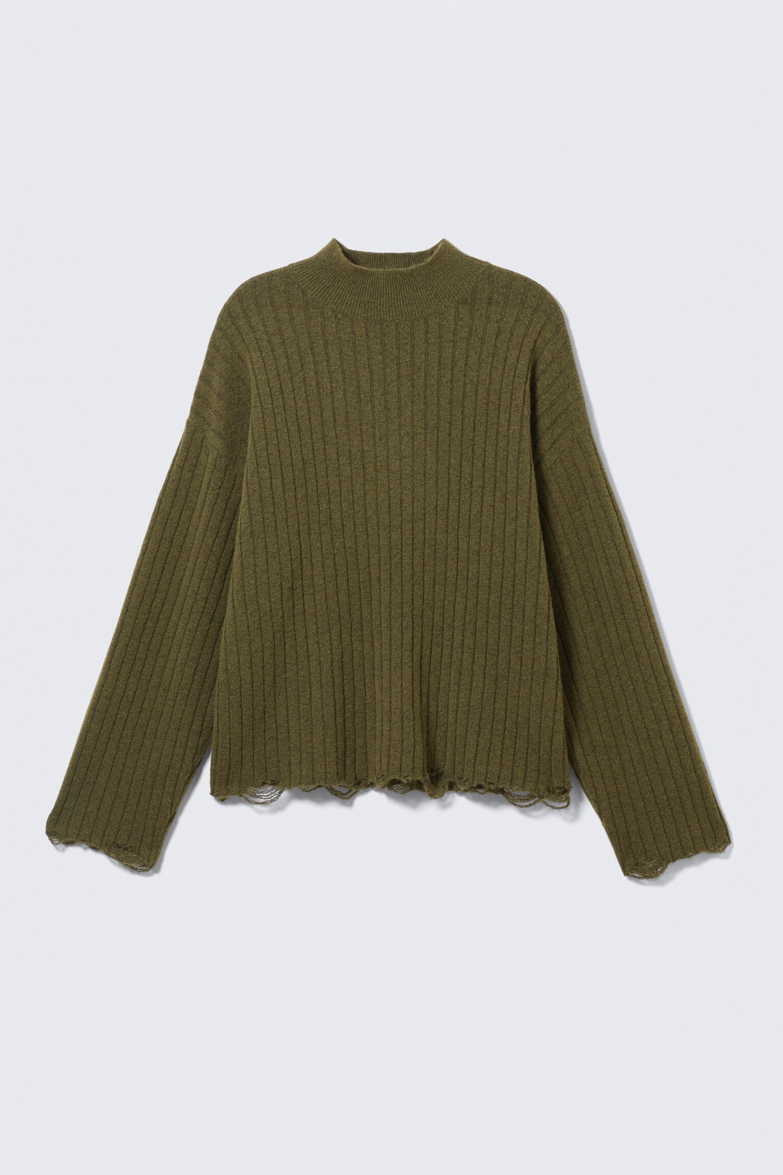 Distressed Ribbed Mock-Neck Sweater - Dark Green - 2