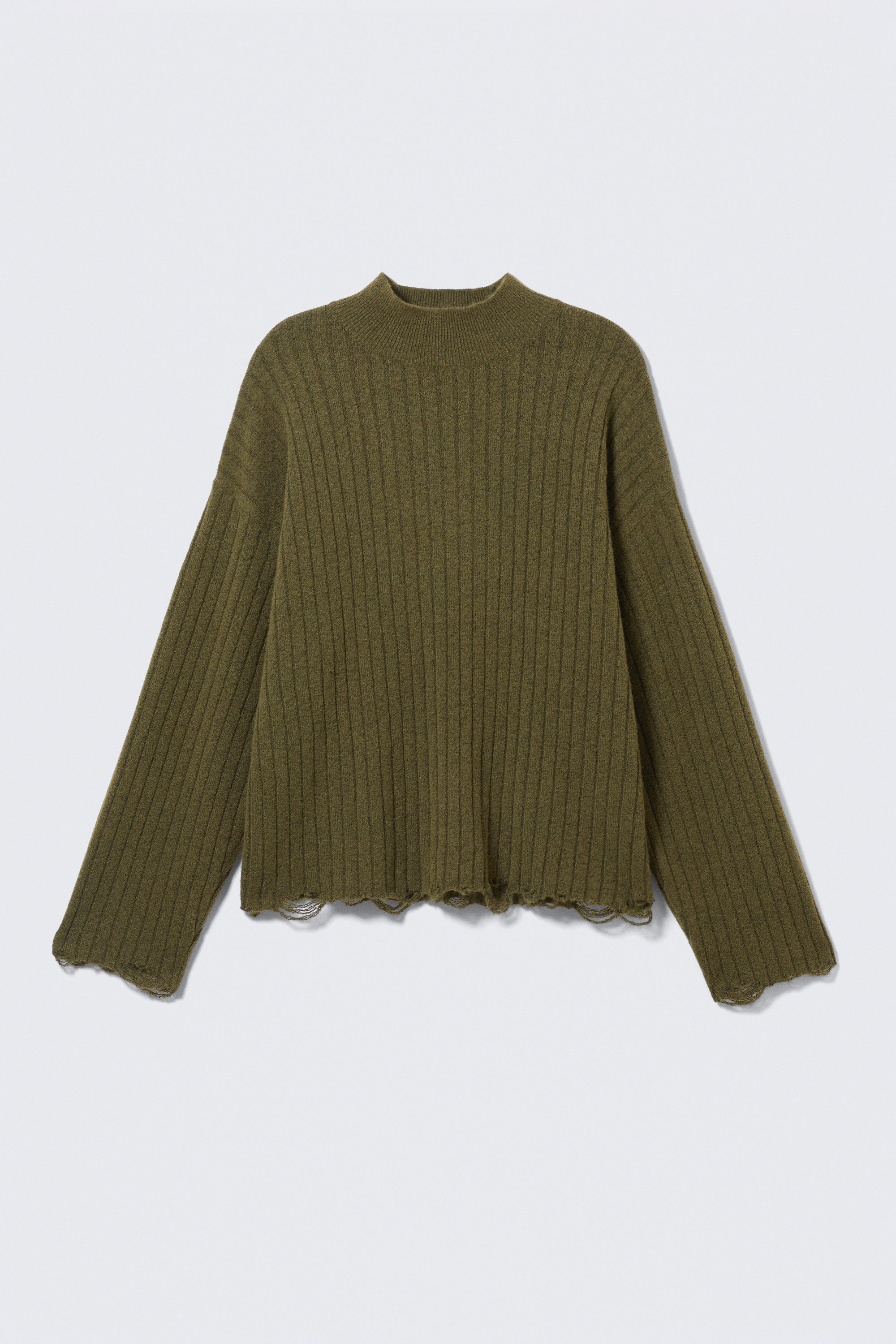 Dunkelgrün - Gerippter Pullover mit Stehkragen im Used-Look - 3