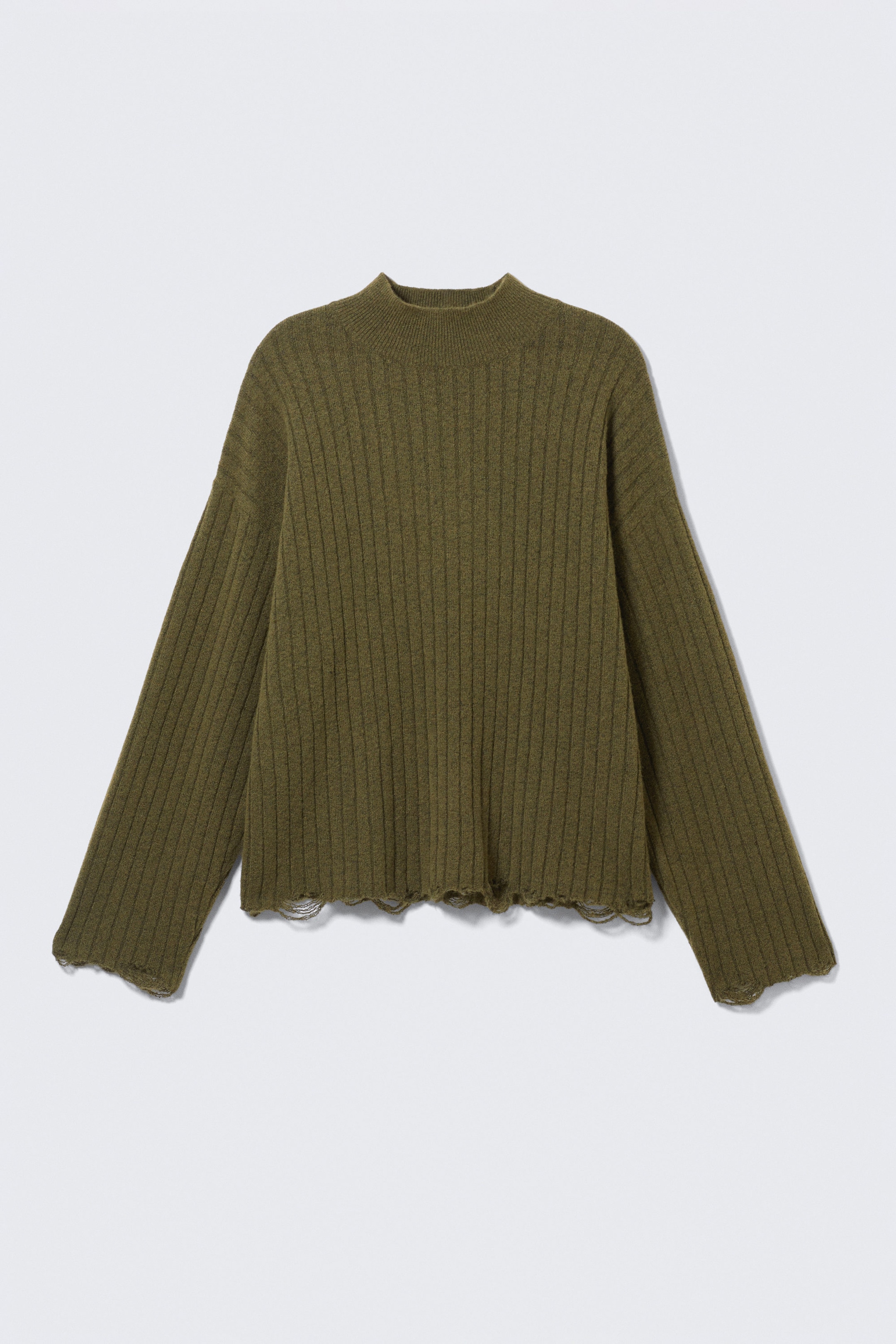 Vert foncé - Pull côtelé à col montant usé - 3