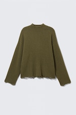 Vert foncé - Pull côtelé à col montant usé - 3