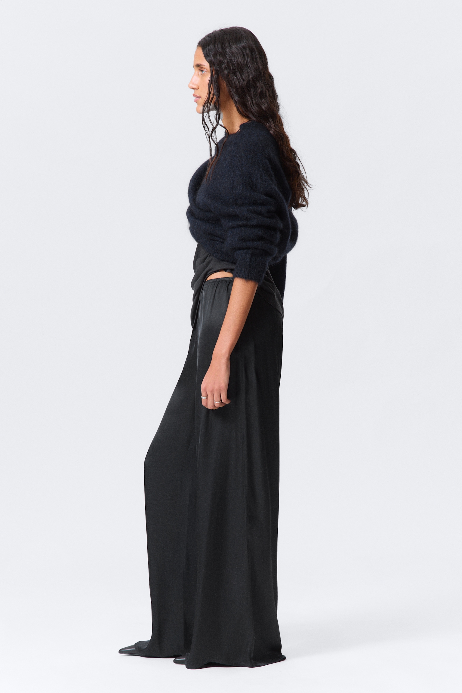 Draped Wide-Leg Satin Trousers - Dark Grey - 6