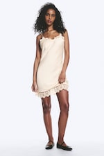 Vaal lichtbeige - Satijnen slip-dress met kant - 0