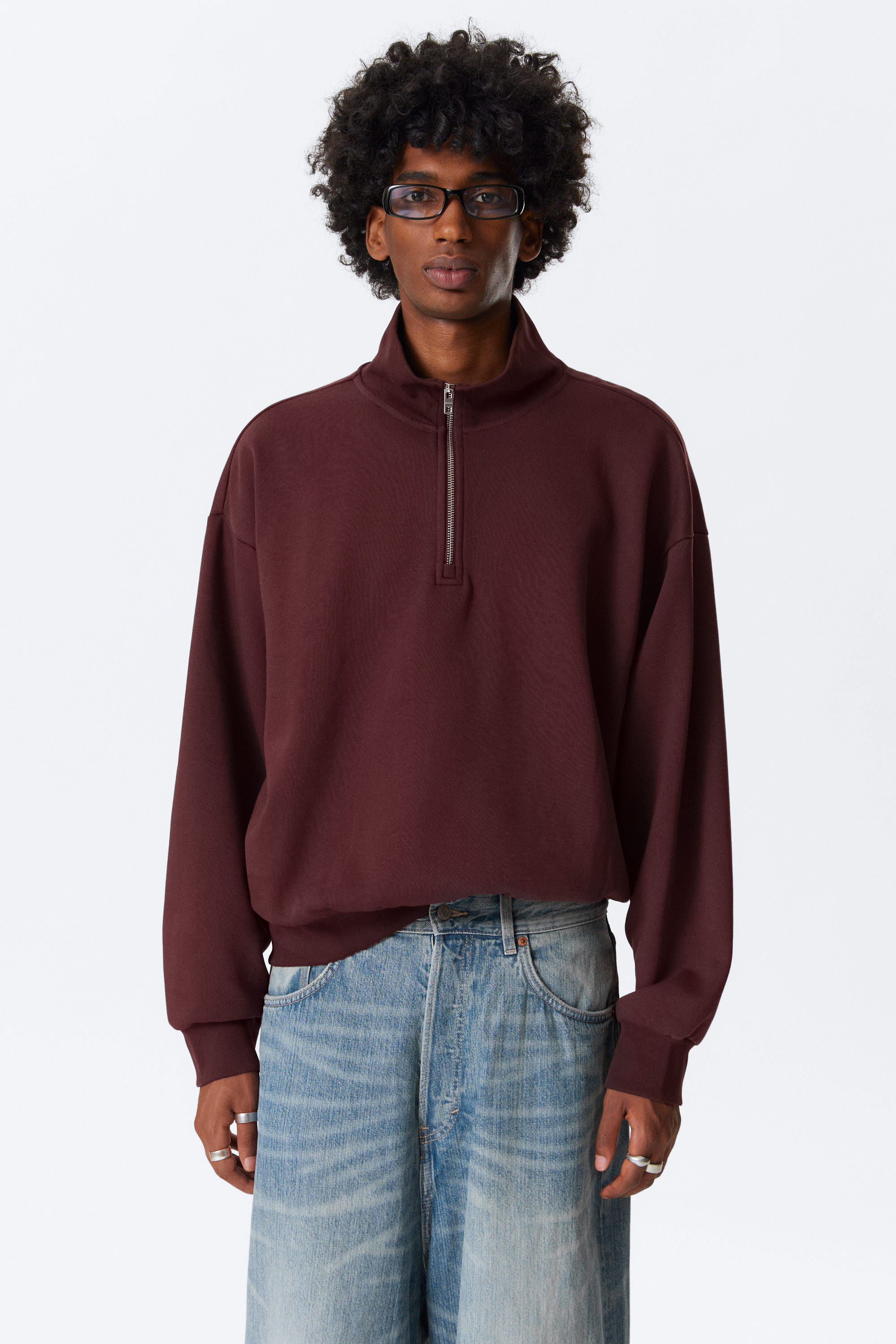 Dark Red - Loose Half Zip Sweatshirt - 2