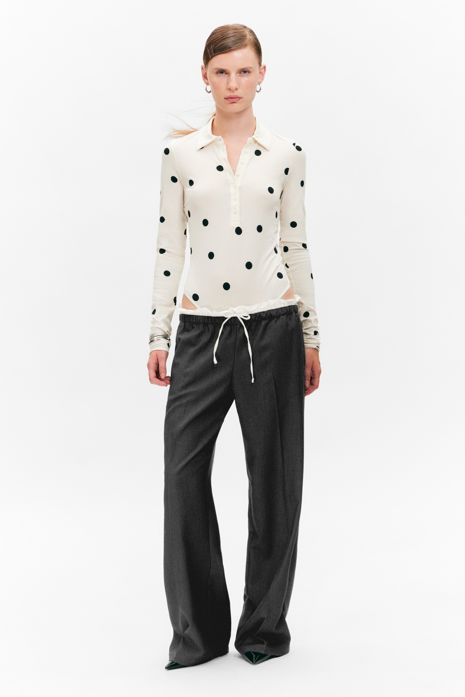 Slim Fit Polo Bodysuit - Off-white - Black Dots