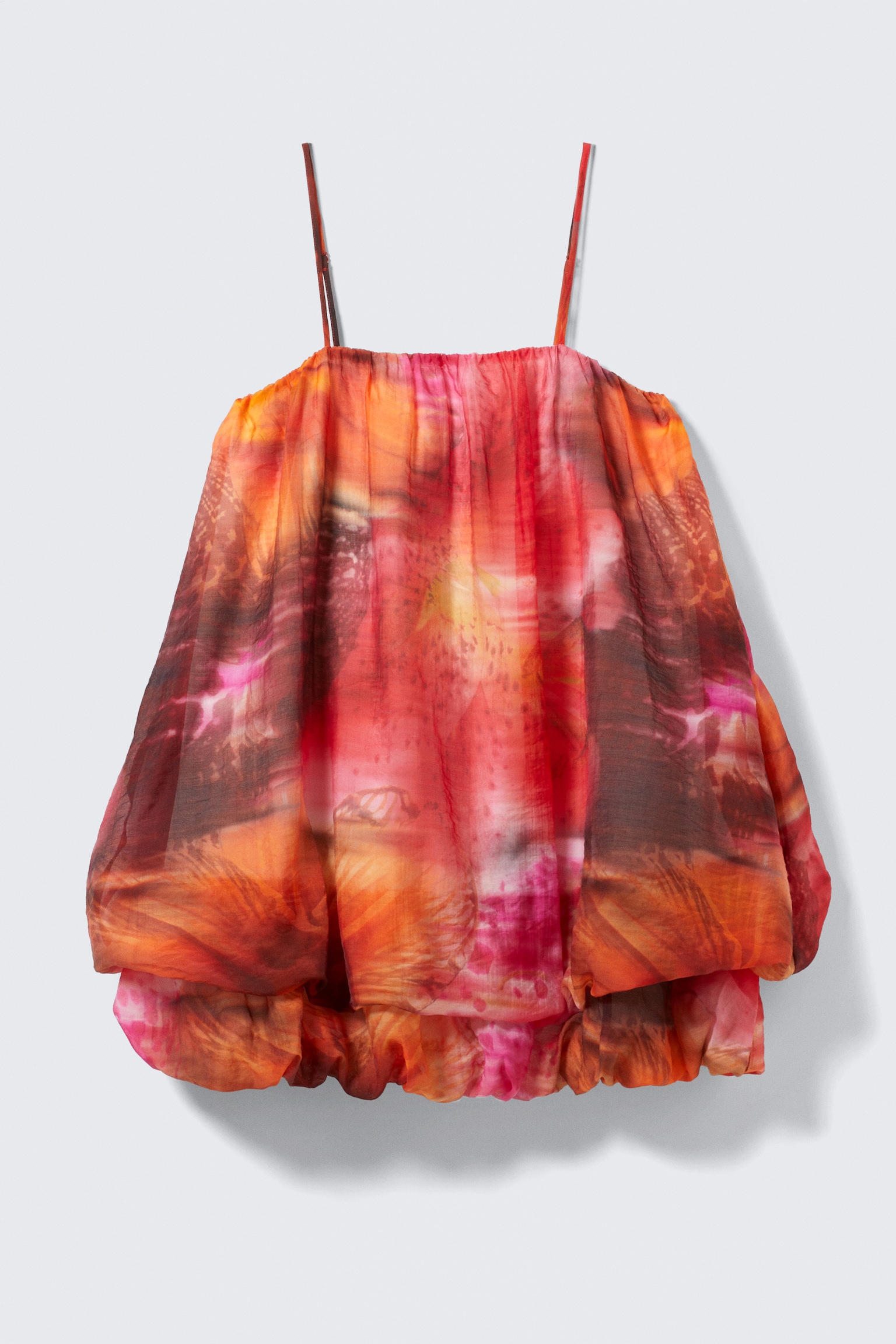 Ärmelloses Ballon-Minikleid - Rot & Orange - Calypso-Blume/Weiß/Braun & Grün floral gepunktet - 2