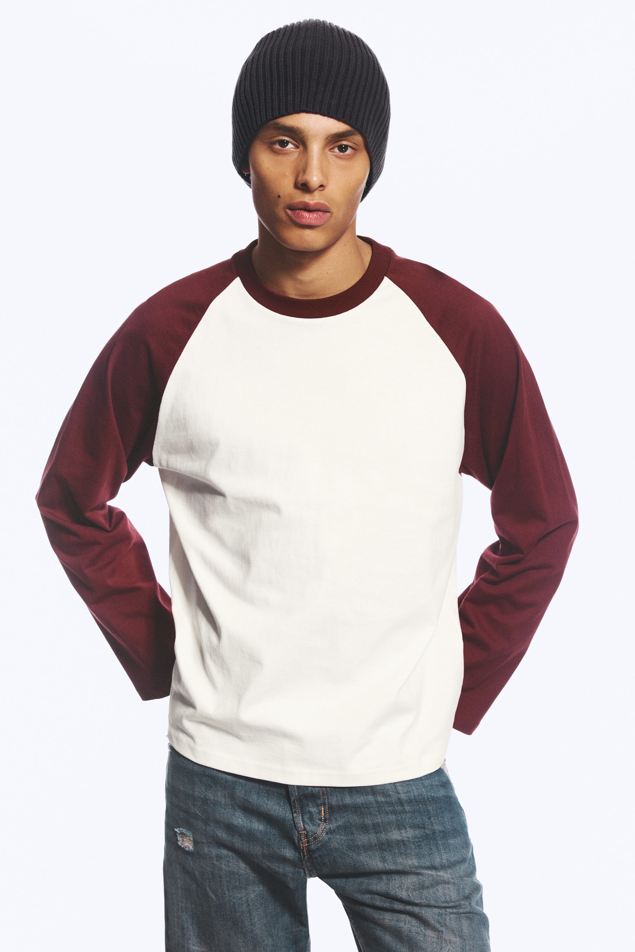 White & Burgundy - Loose Boxy Raglan-Sleeved T-shirt - 1