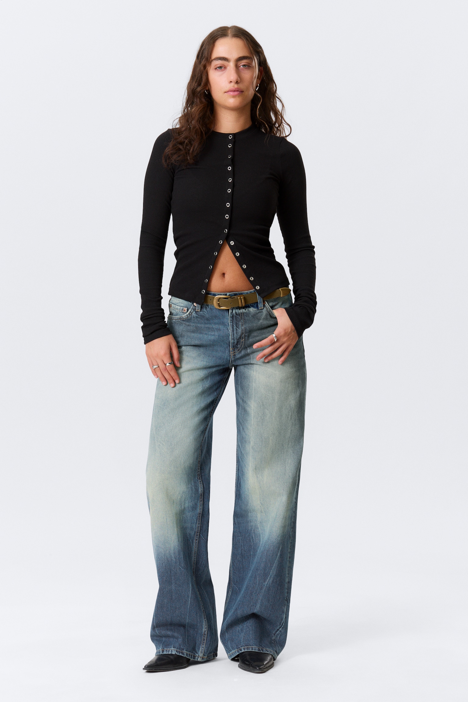 Ribbed Long-Sleeved Cardigan - Black/White - 3