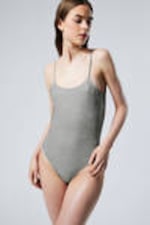 Grey - Rhinestones - Rhinestone Scoop-Neck Swimsuit - 0