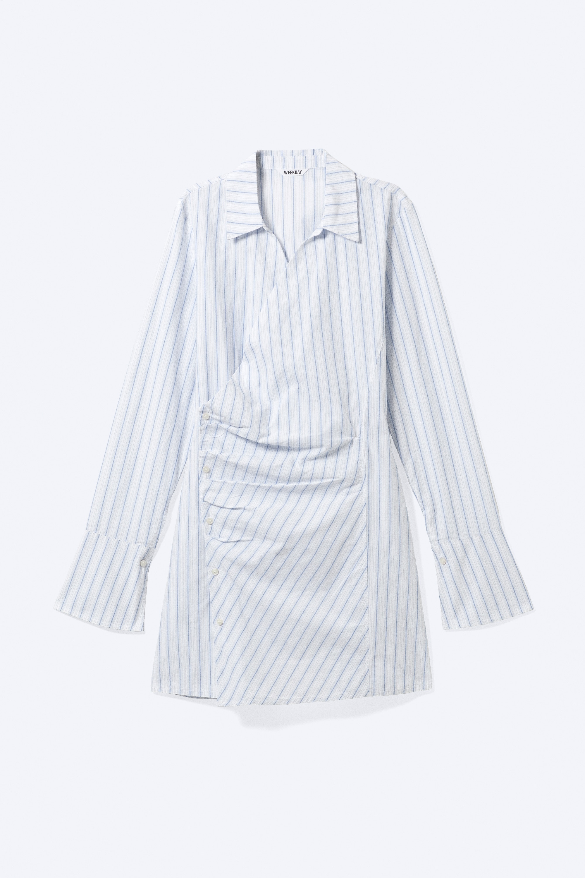 Asymmetrisk mini-skjortekjole med lange ærmer - Blåstribet/Hvid/Sort