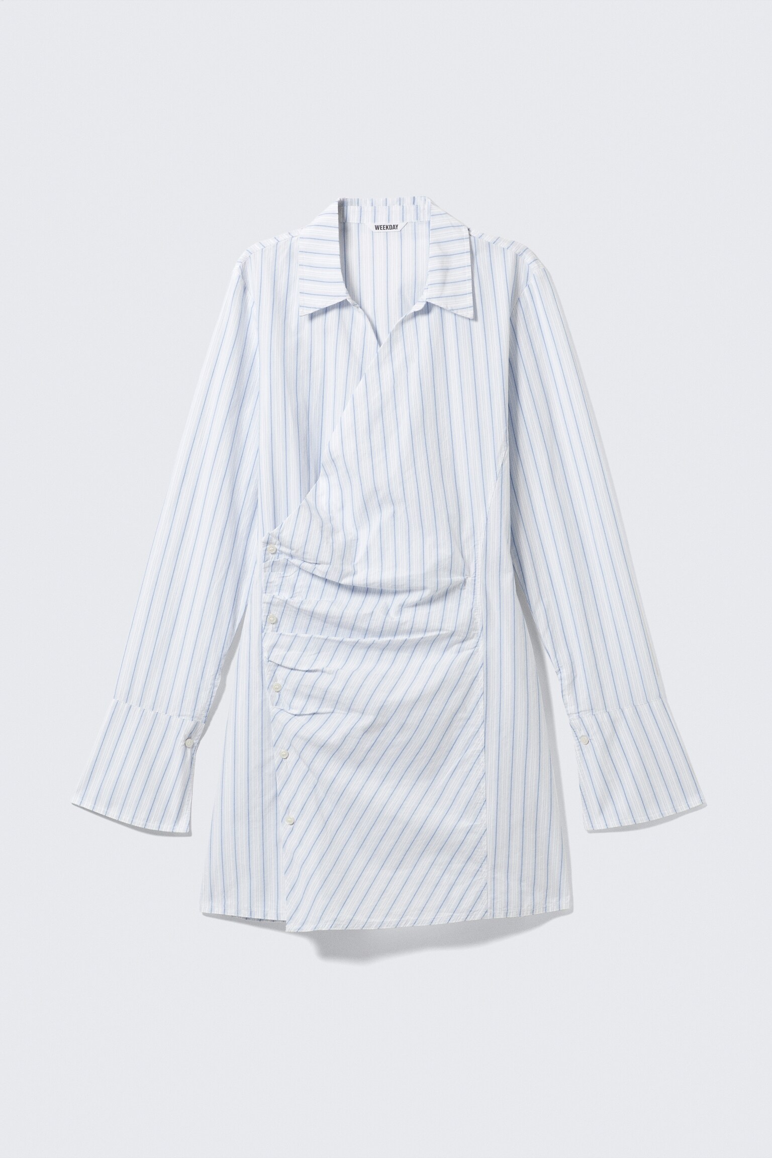 Long-Sleeved Asymmetric Mini Shirt Dress - Blue Stripe/White/Black