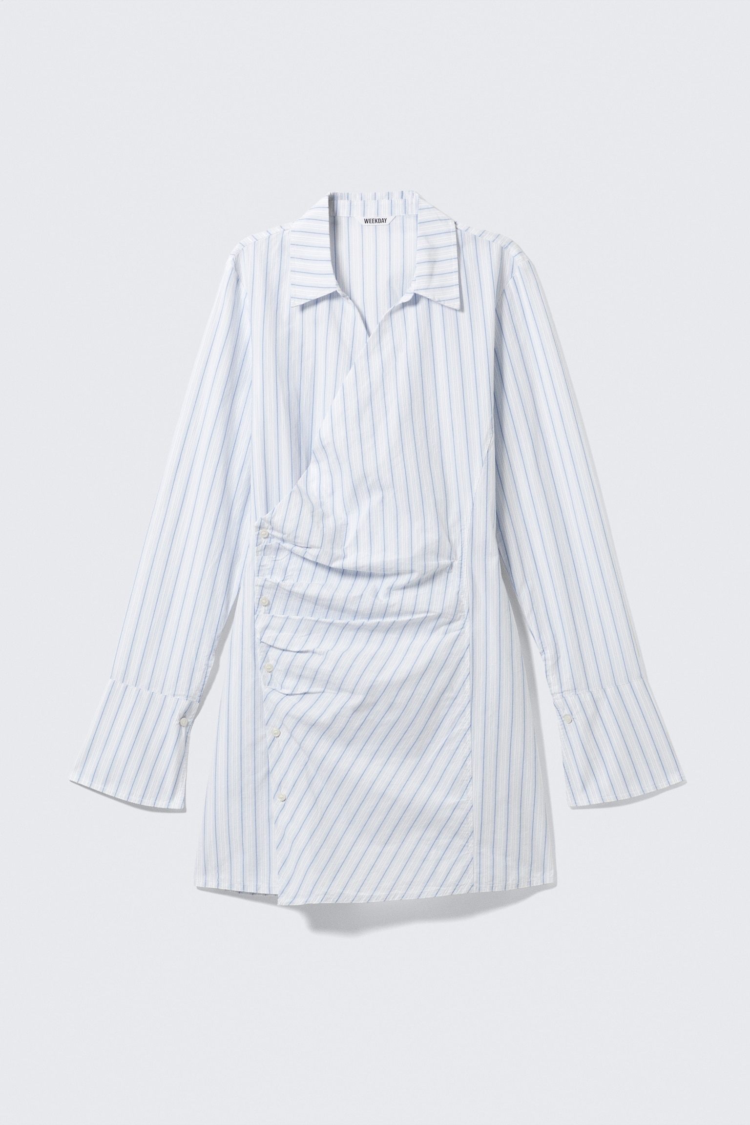 Long-Sleeved Asymmetric Mini Shirt Dress - Blue Stripe/White/Black