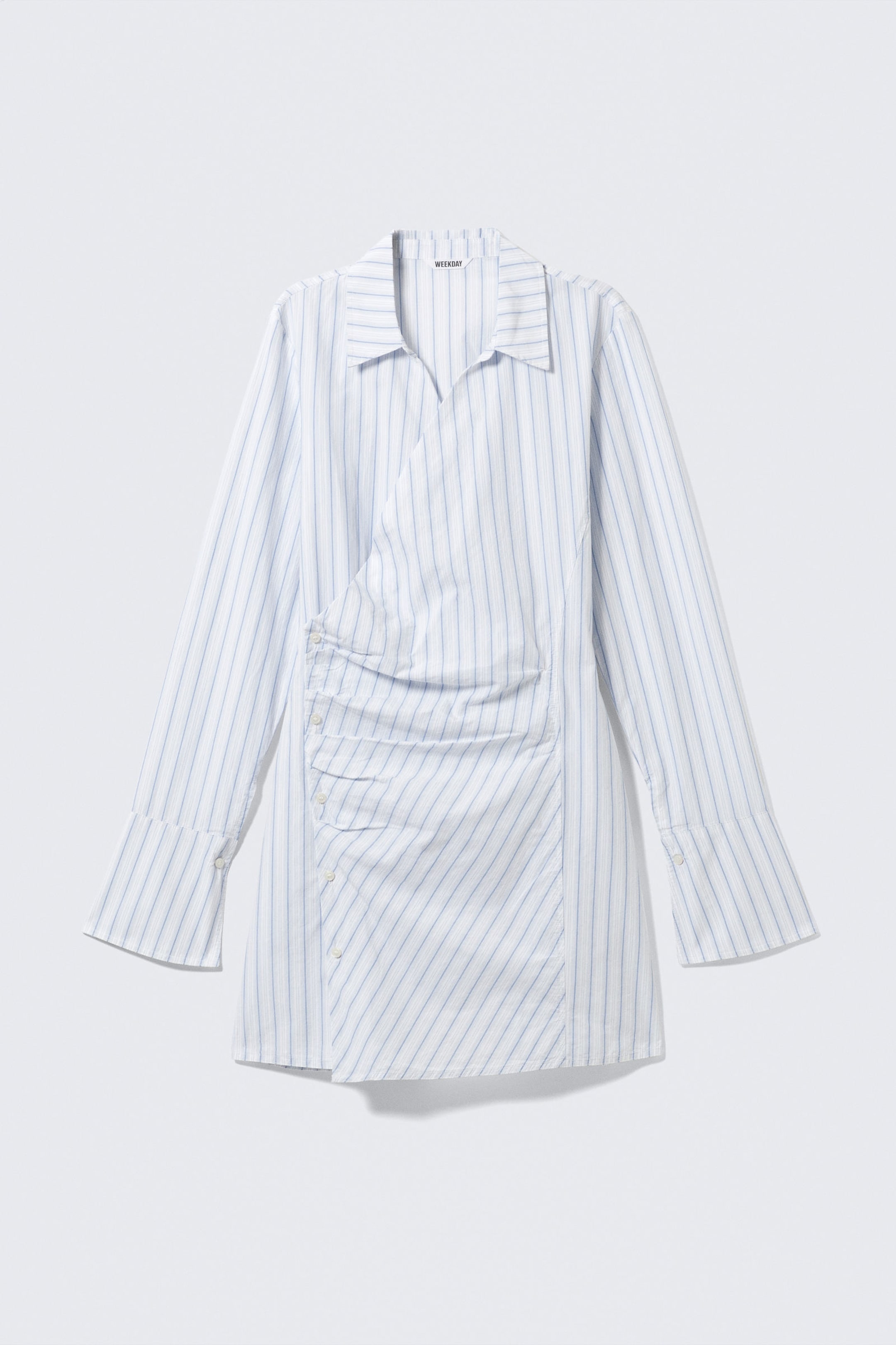 Blue Stripe - Long-Sleeved Asymmetric Mini Shirt Dress - 4