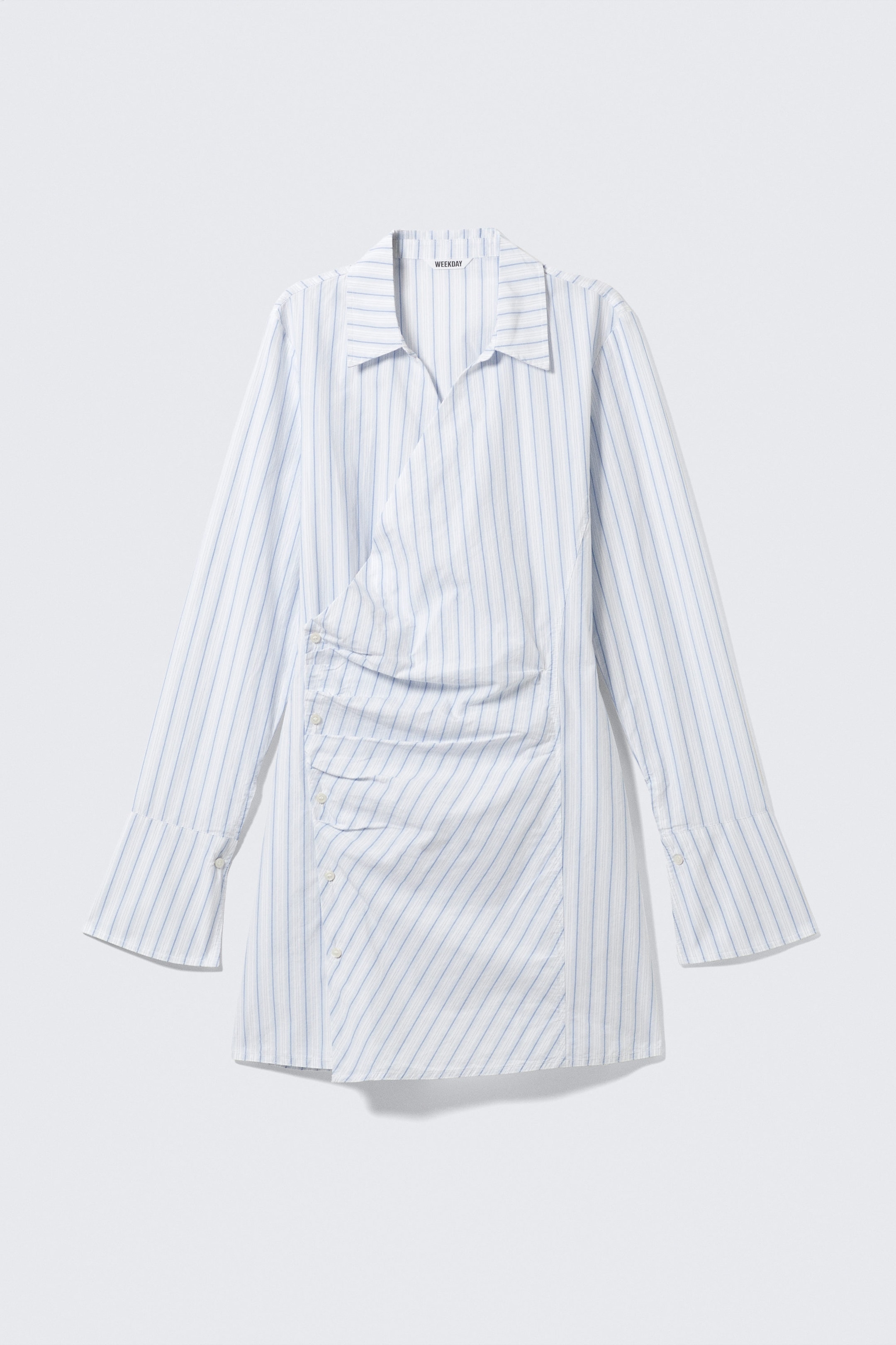 Blue Stripe - Long-Sleeved Asymmetric Mini Shirt Dress - 1