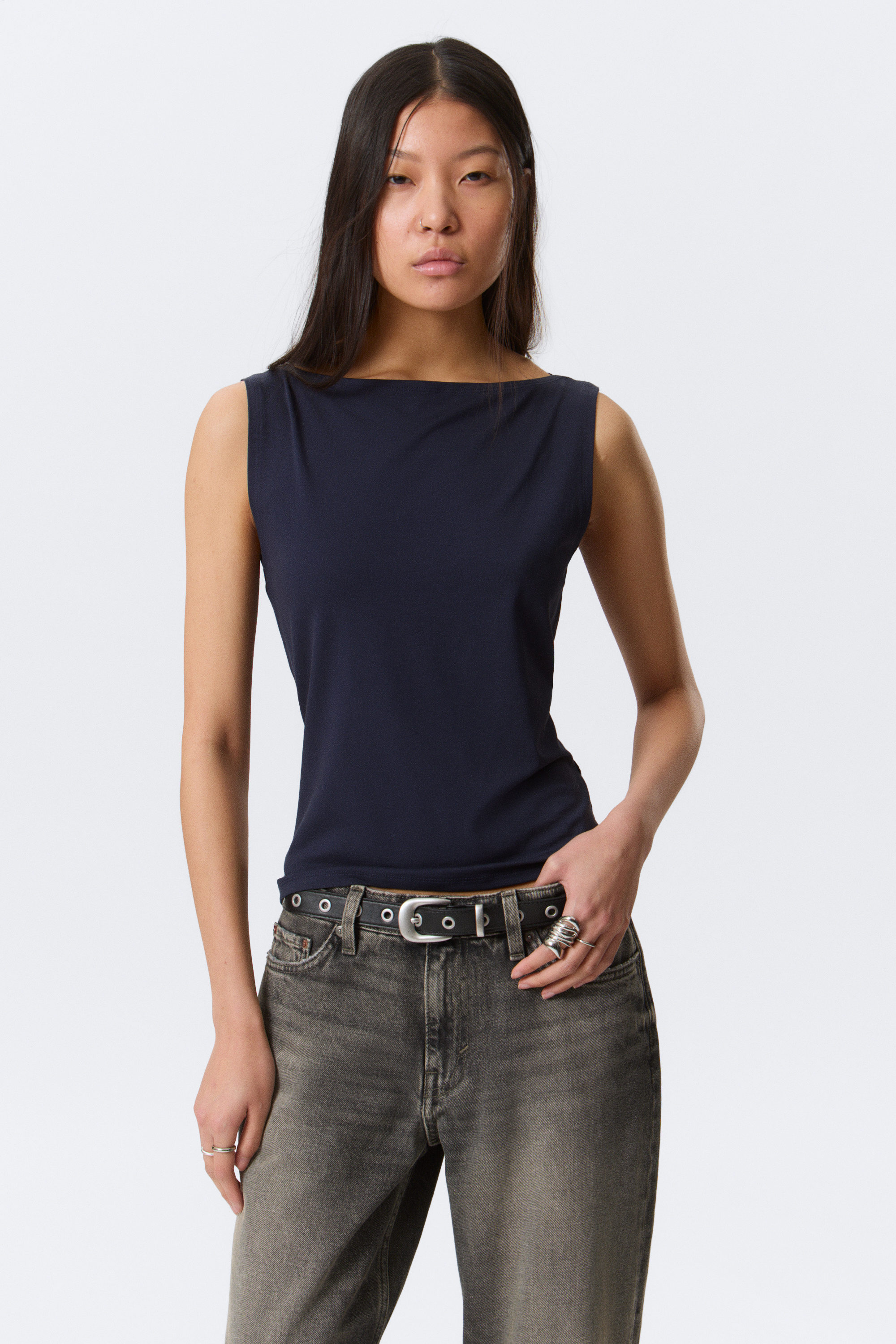 Dark Blue - Annie Soft Sleeveless Boat-Neck Top - 2