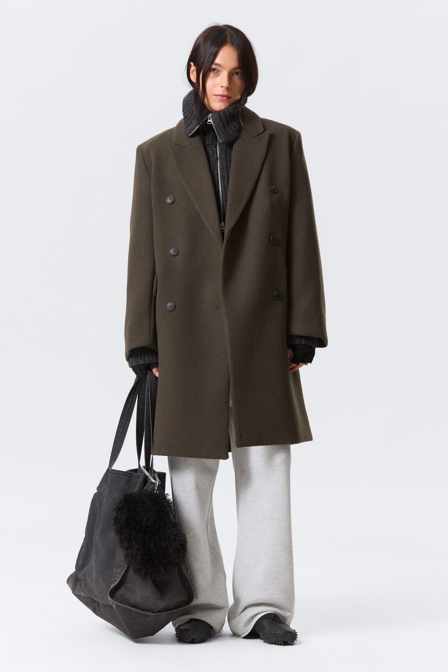 Oversized Knee-Length Wool-Blend Coat - Dark Khaki Green/Black