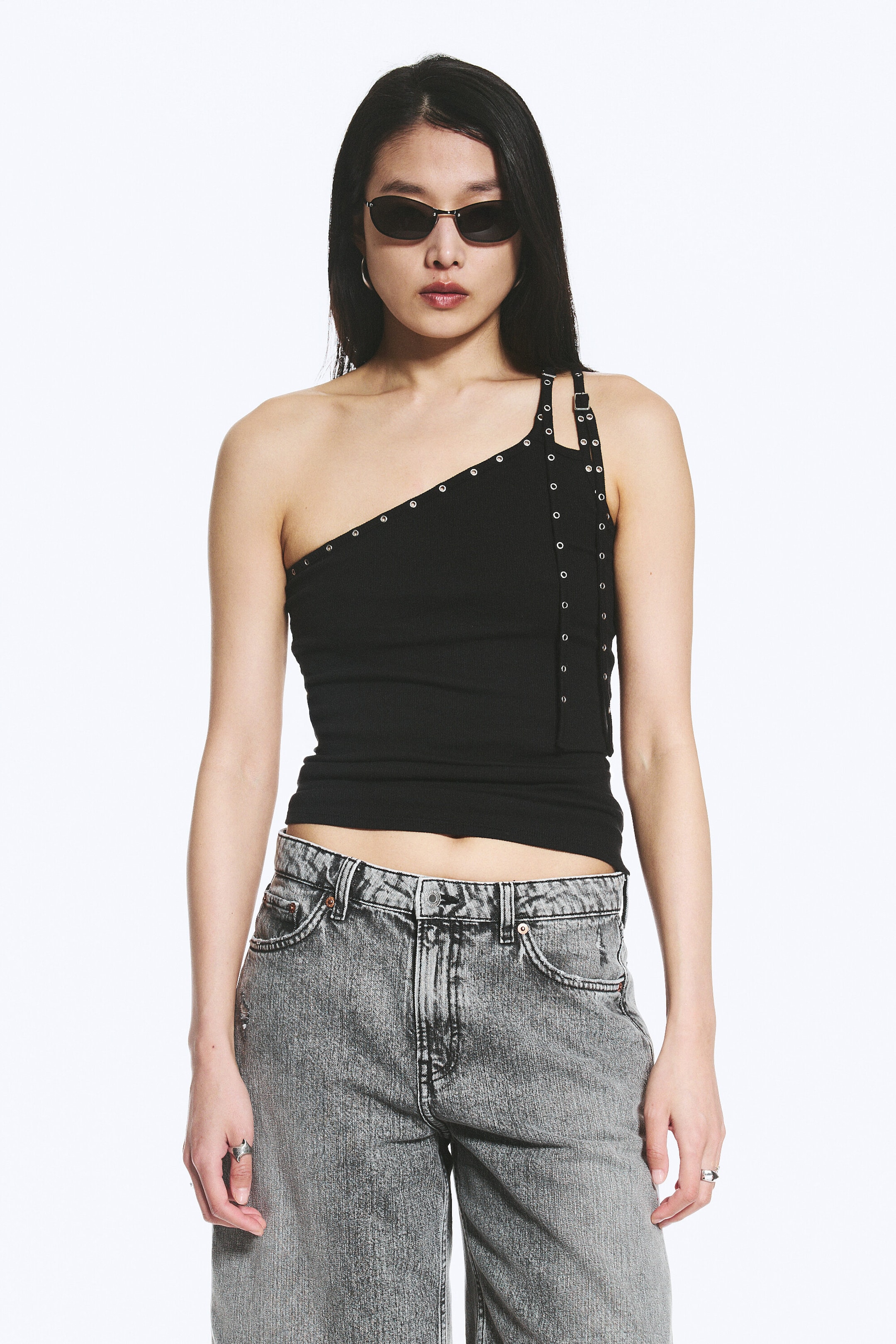 Black - Eyelet Detail Asymmetric Tank Top - 1