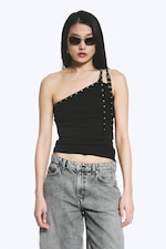 Black - Eyelet Detail Asymmetric Tank Top - 0