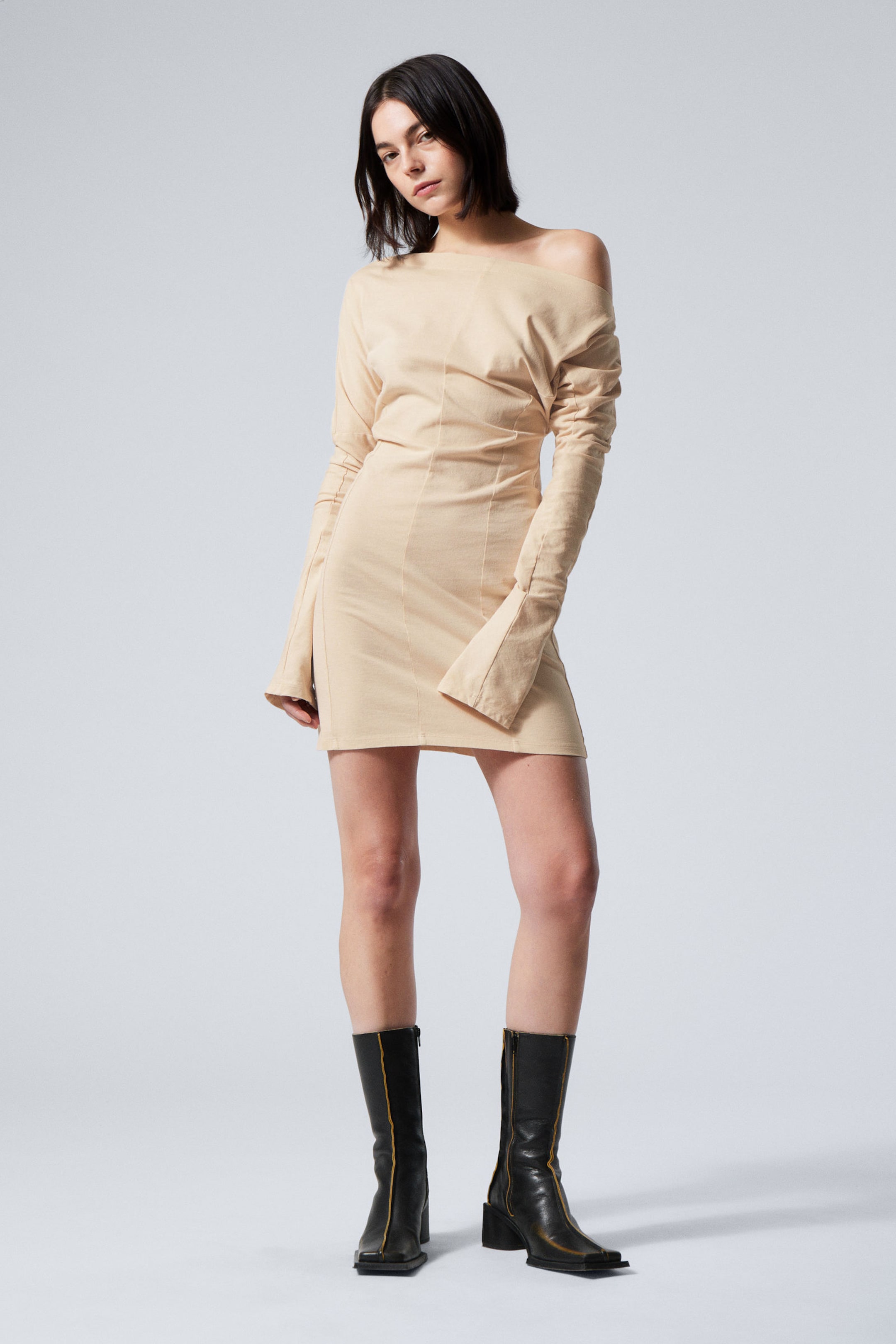 Light Beige - Long-Sleeved Off-Shoulder Mini Dress - 1