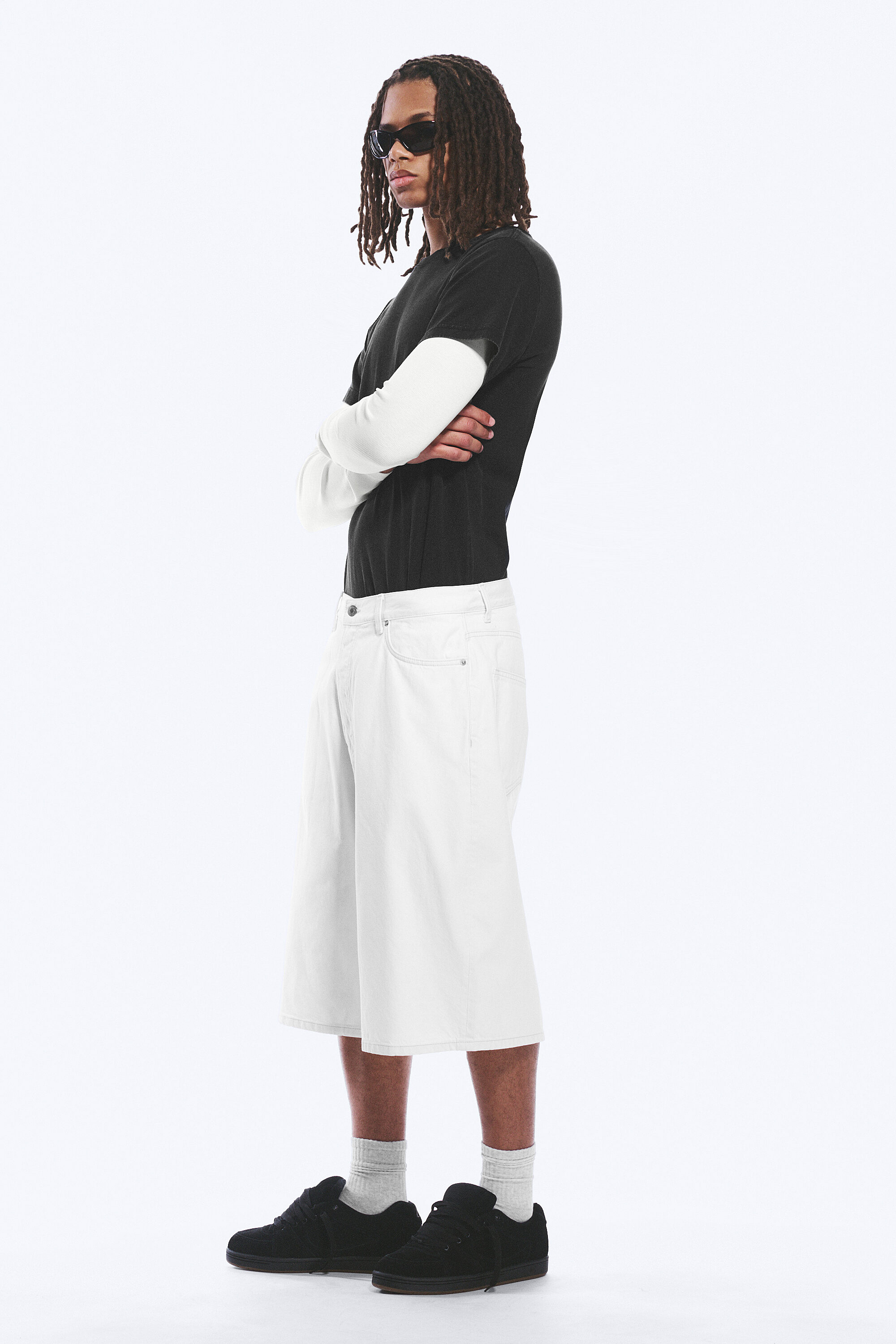 void mid rise loose long denim shorts - Dirty White - White