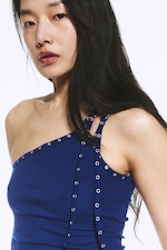 Bright Blue - Eyelet Detail Asymmetric Tank Top - 2