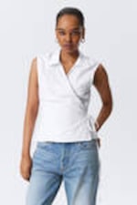 White - Sleeveless Cotton Wrap Top - 0