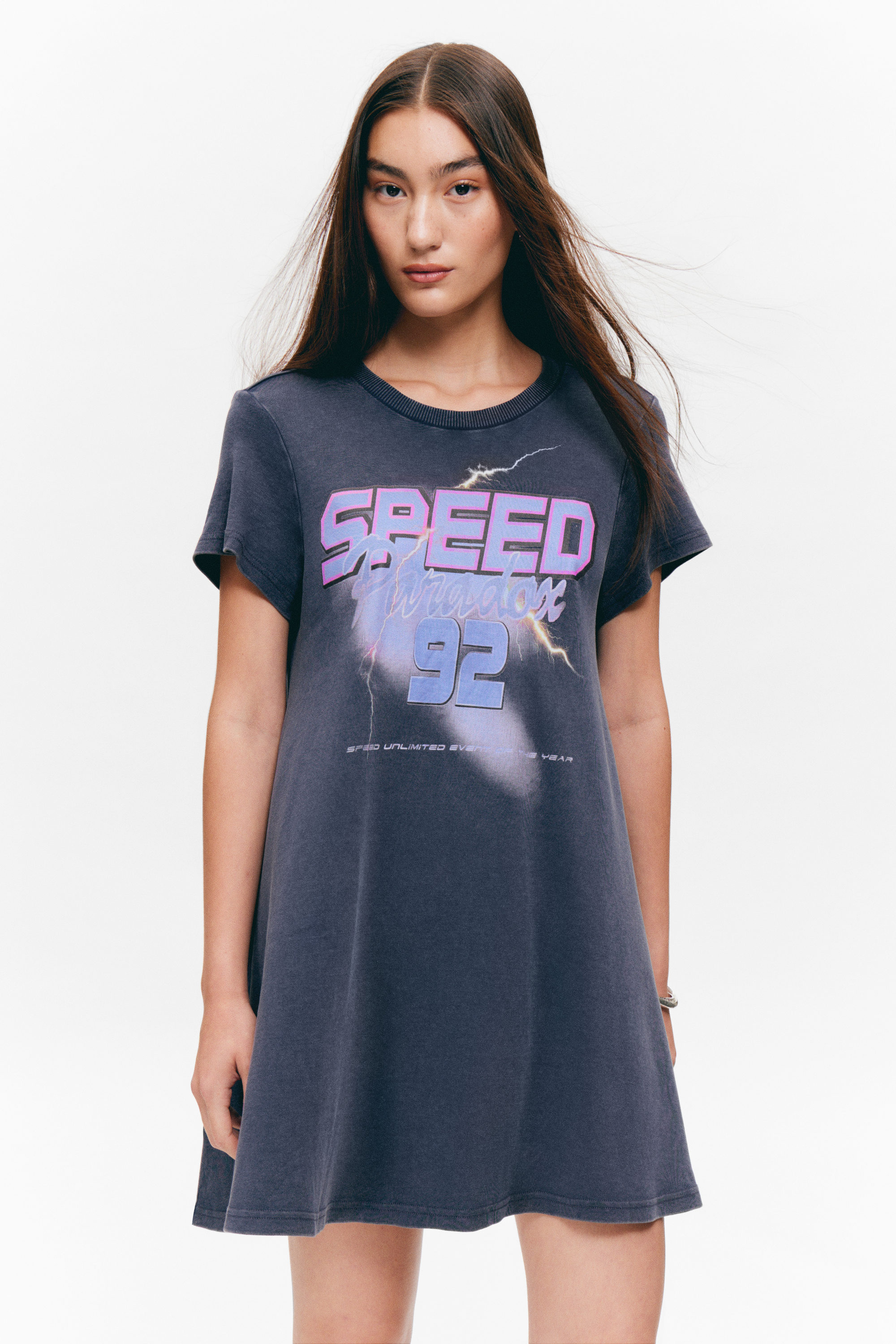 Washed Blue - Speed Paradox - Short-Sleeved A-line Tee Dress - 2