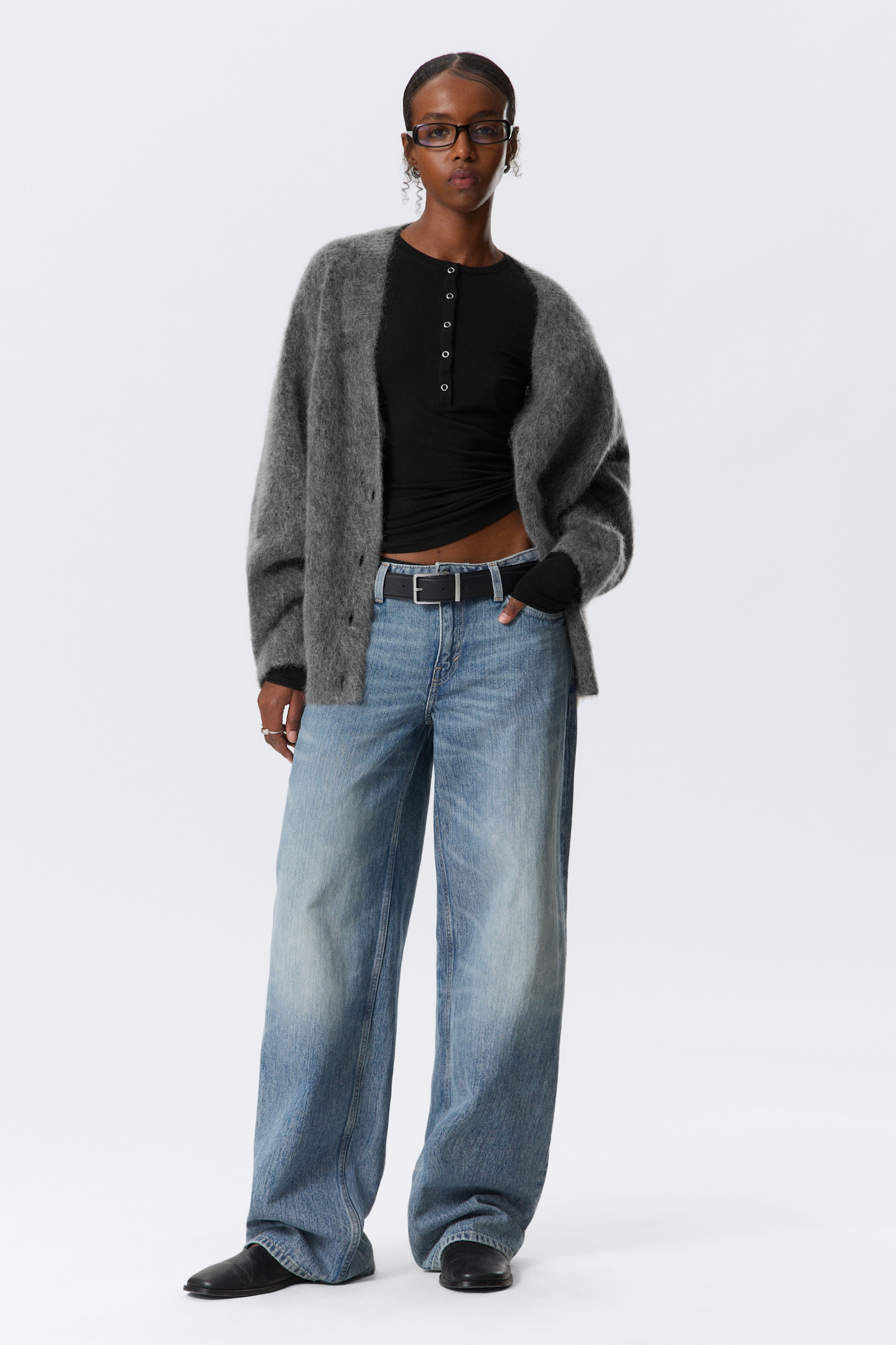 Loose Fit Mohair Blend V-Neck Cardigan - Dark Grey/Dark Green - 4