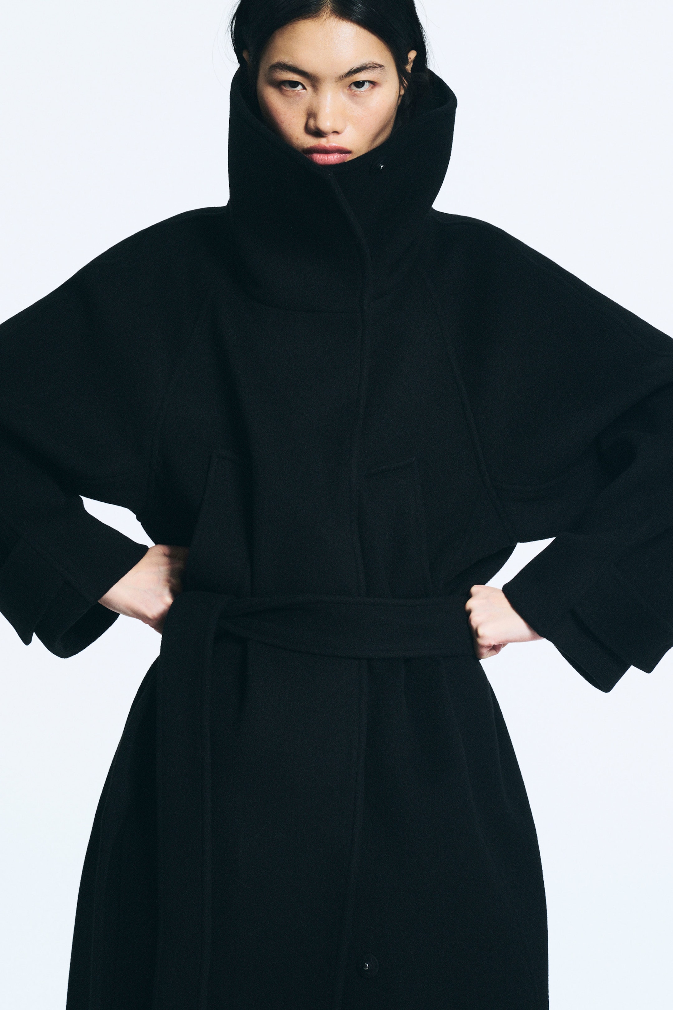 Noir - Manteau long en laine à col cheminée - 4